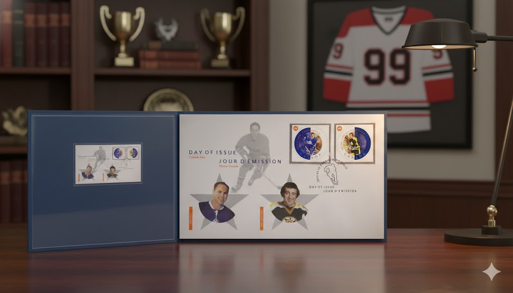 DAY OF ISSUE STAMP SET – RED KELLY & PHIL ESPOSITO 2002 NHL LEGENDS COLLECTIBLE (7.5" X 4.5")