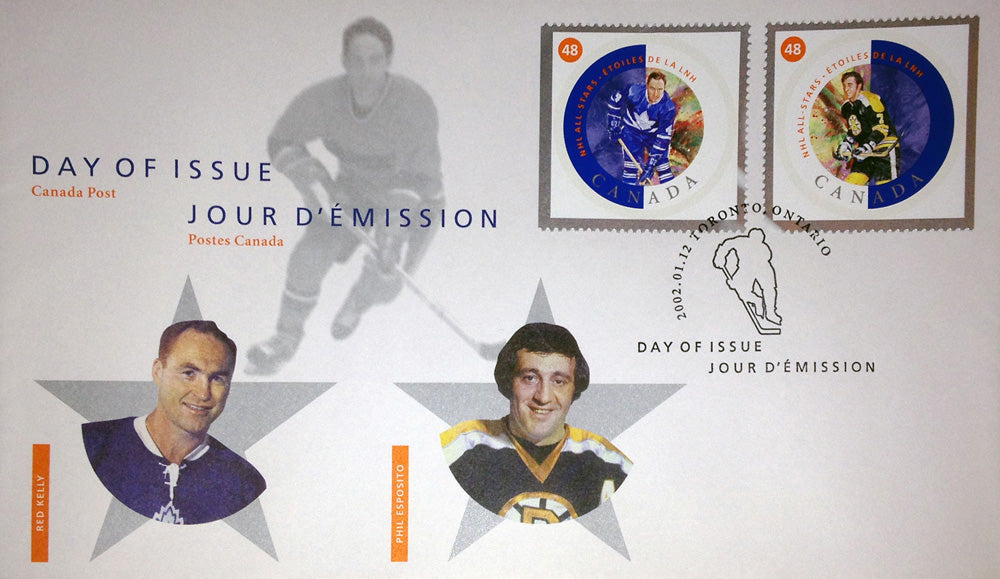 DAY OF ISSUE STAMP SET – RED KELLY & PHIL ESPOSITO 2002 NHL LEGENDS COLLECTIBLE (7.5" X 4.5")