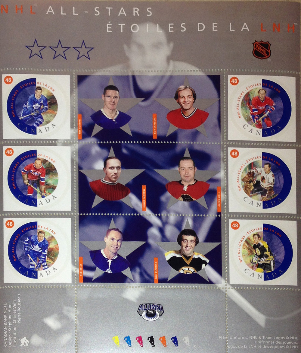 CANADA POST 2002 ALUMNI ALL-STAR STAMP SET – GUY LAFLEUR & PHIL ESPOSITO NHL LEGENDS (8" X 6.5")