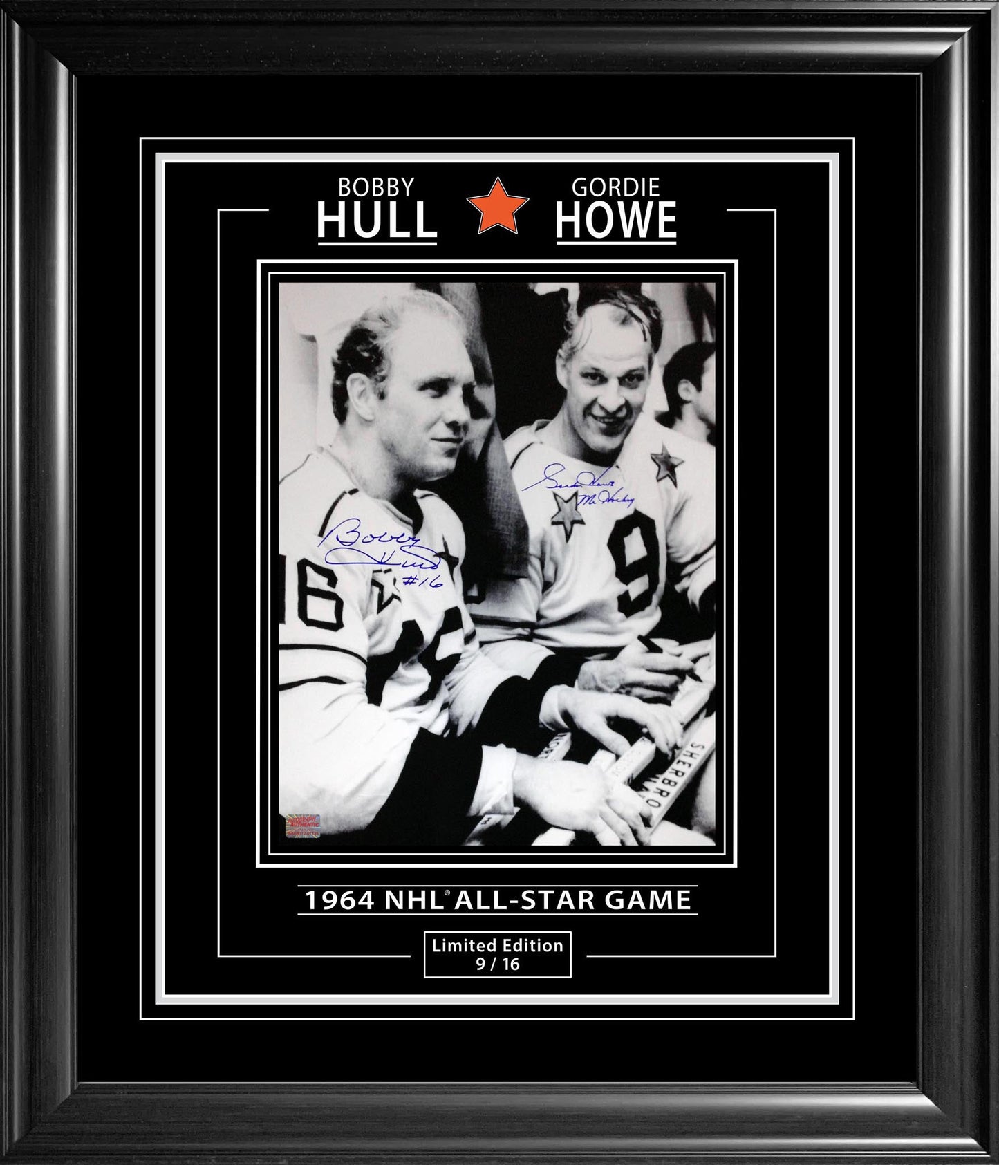GORDIE HOWE & BOBBY HULL SIGNED 11X14 LIMITED EDITION #9/16 (28" BY 24") – AUTOGRAPHED COLLECTIBLE MEMORABILIA – PROFESSIONALLY FRAMED AND READY TO HANG