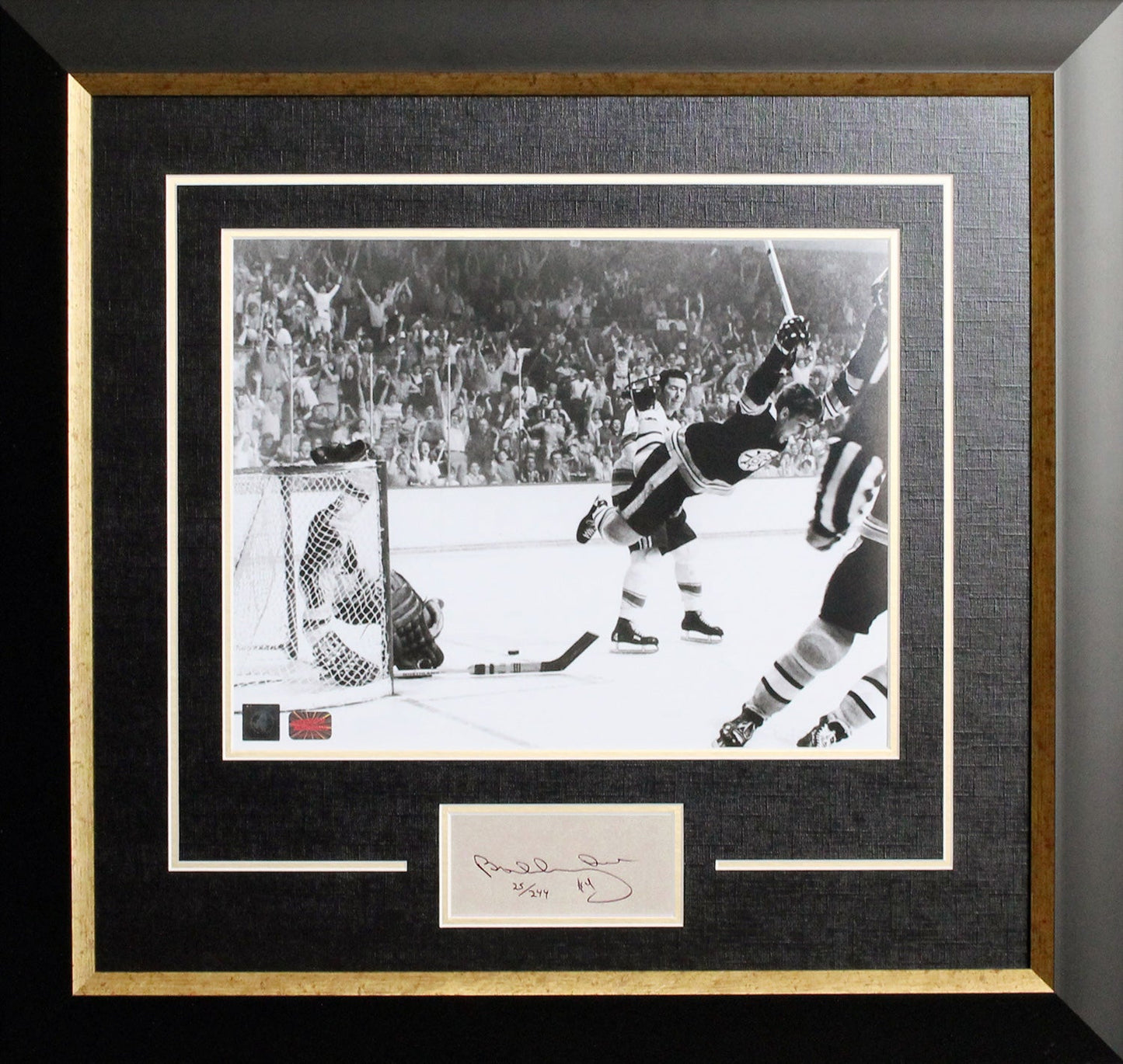 BOBBY ORR THE GOAL FRAMED PHOTO WITH CUT SIGNATURE – LIMITED EDITION /244, BOSTON BRUINS HOCKEY DISPLAY - GNR COA (24" X 20")