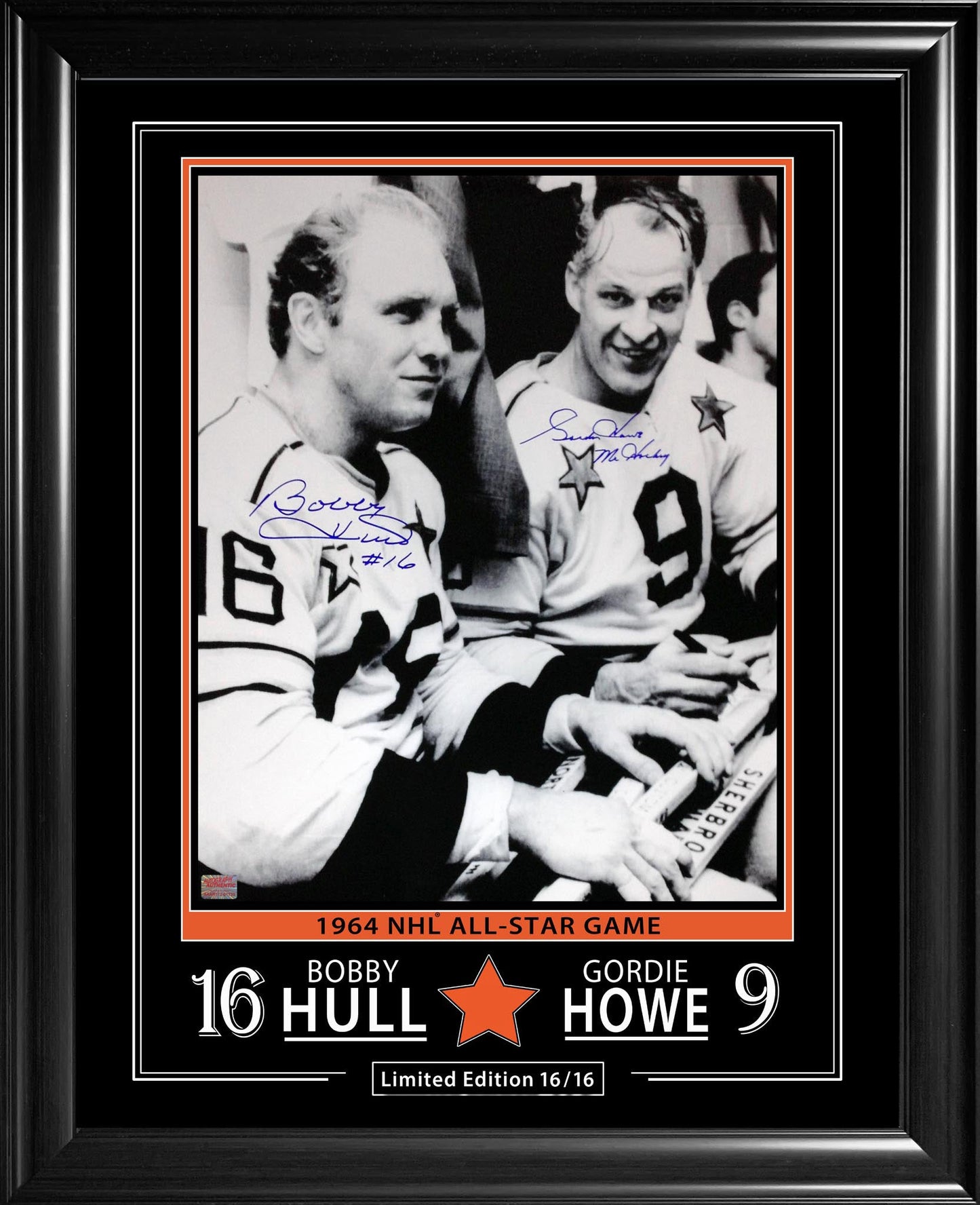 GORDIE HOWE & BOBBY HULL SIGNED 16" X 20" LIMITED EDITION #16/16 (28" BY 24") – AUTOGRAPHED COLLECTIBLE MEMORABILIA – PROFESSIONALLY FRAMED AND READY TO HANG