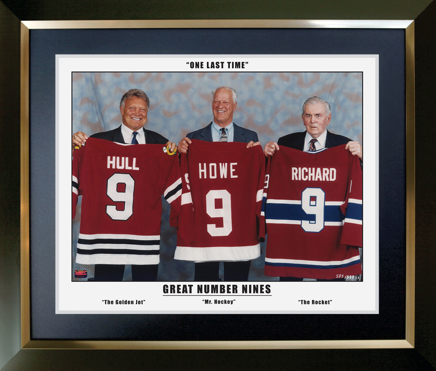 THREE GREAT NINES HOCKEY LEGENDS FRAMED DISPLAY – MAURICE RICHARD, GORDIE HOWE, BOBBY HULL – HISTORIC NHL TRIBUTE WALL ART (24" BY 20")