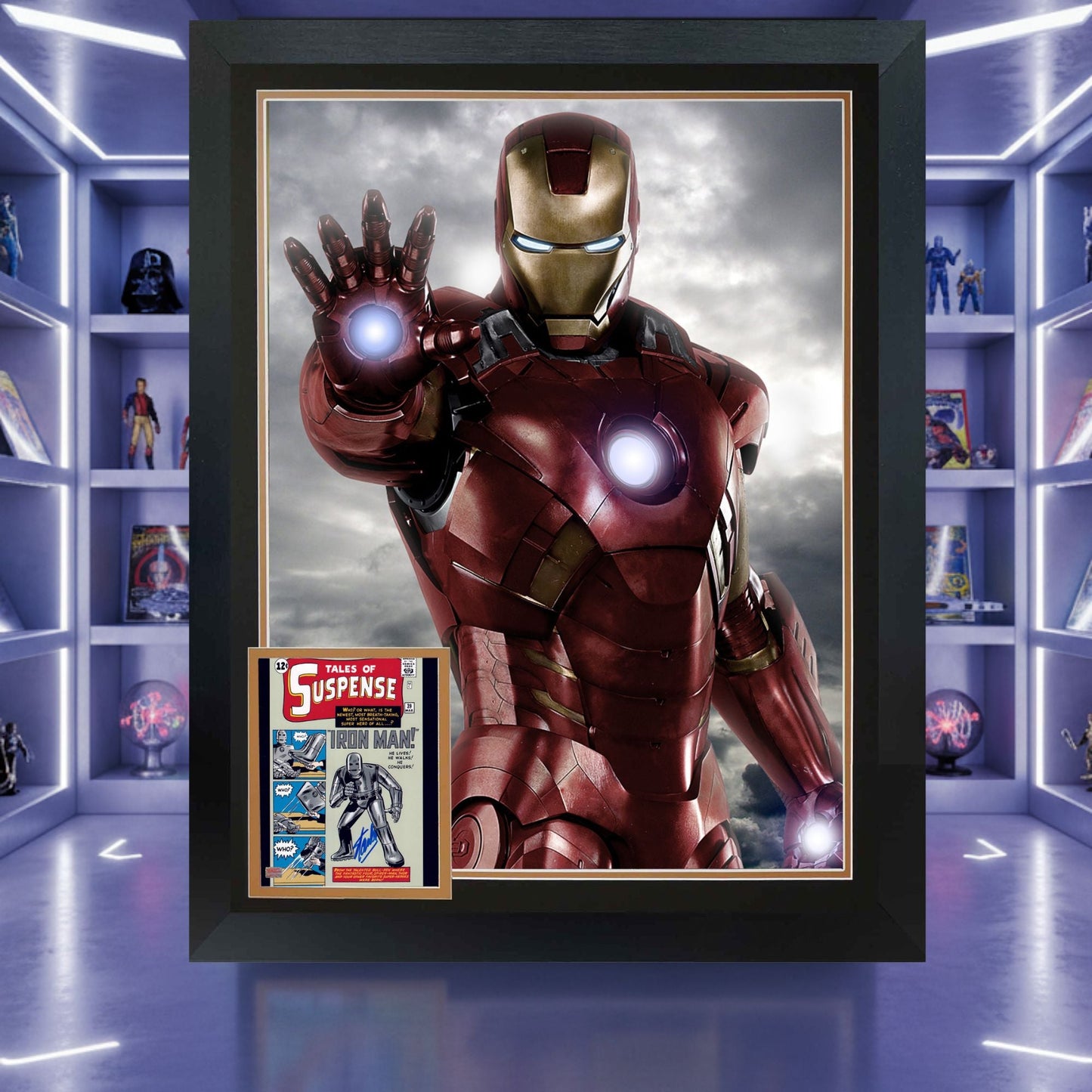 STAN LEE AUTOGRAPHED IRON MAN FRAMED VERTICAL COLLECTOR DISPLAY – MARVEL COLLECTIBLE (38.5" X 28") – RARE COLLECTOR'S ITEM