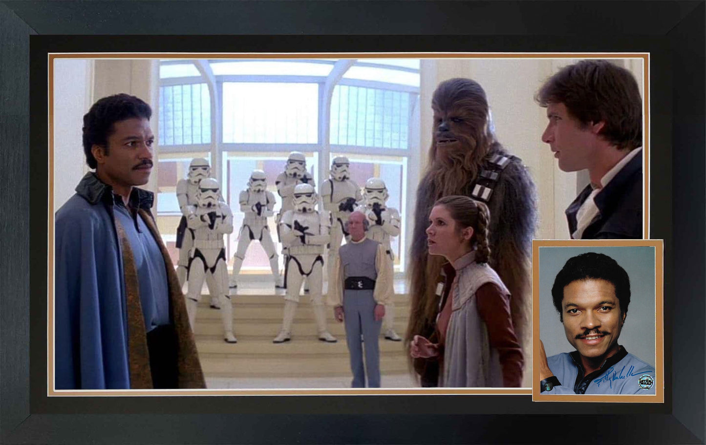 BILLY DEE WILLIAMS SIGNED STAR WARS COLLECTIBLE – LANDO CALRISSIAN EMPIRE STRIKES BACK BETRAYAL FRAMED PHOTO (38.5" X 28")