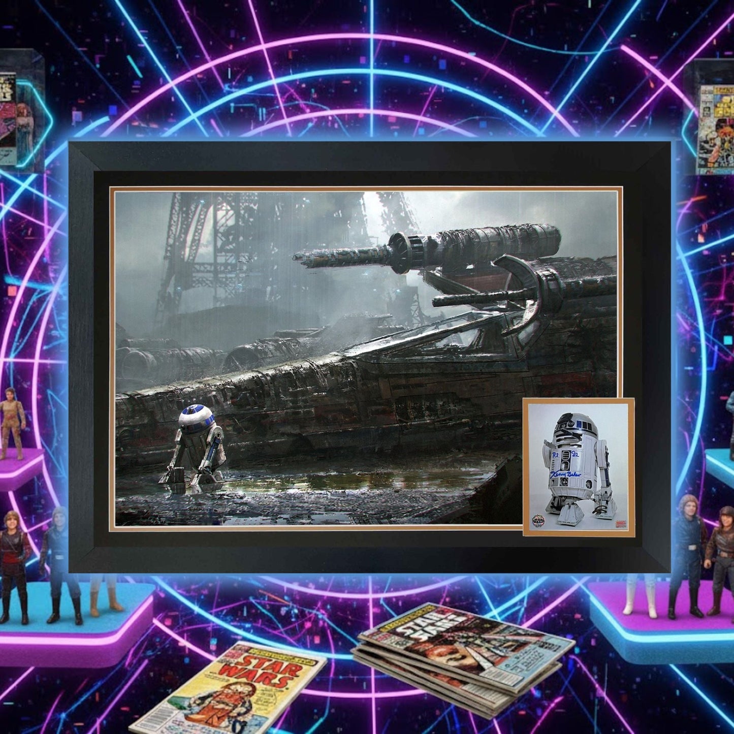 KENNY BAKER AUTOGRAPHED STAR WARS R2-D2 DAGOBAH SCENE – FRAMED COLLECTIBLE WALL ART (38.5" X 28") – AUTHENTIC SIGNED DISPLAY WITH CERTIFICATE OF AUTHENTICITY