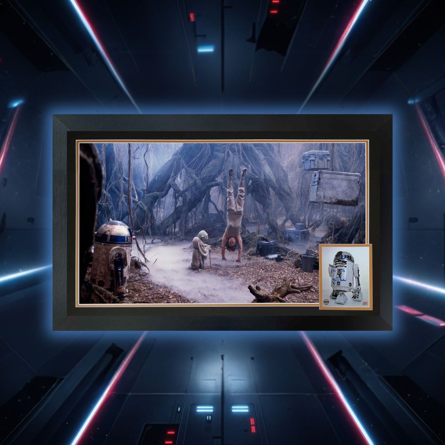 STAR WARS R2-D2 & YODA DAGOBAH AUTOGRAPHED FRAMED DISPLAY – KENNY BAKER SIGNED COLLECTIBLE EMPIRE STRIKES BACK MEMORABILIA (38.5" X 28")