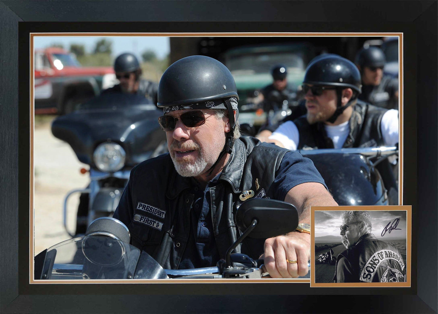 RON PERLMAN AUTOGRAPHED SONS OF ANARCHY FRAMED MOTORCYCLE PHOTO DISPLAY – CLAY MORROW SIGNED, SAMCRO COLLECTOR ART (38.5" BY 28")
