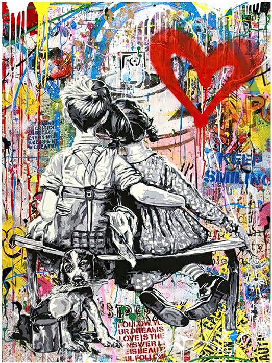 Banksy Cuddles on the Bench with Dog & Red Heart (33.5x23.5)