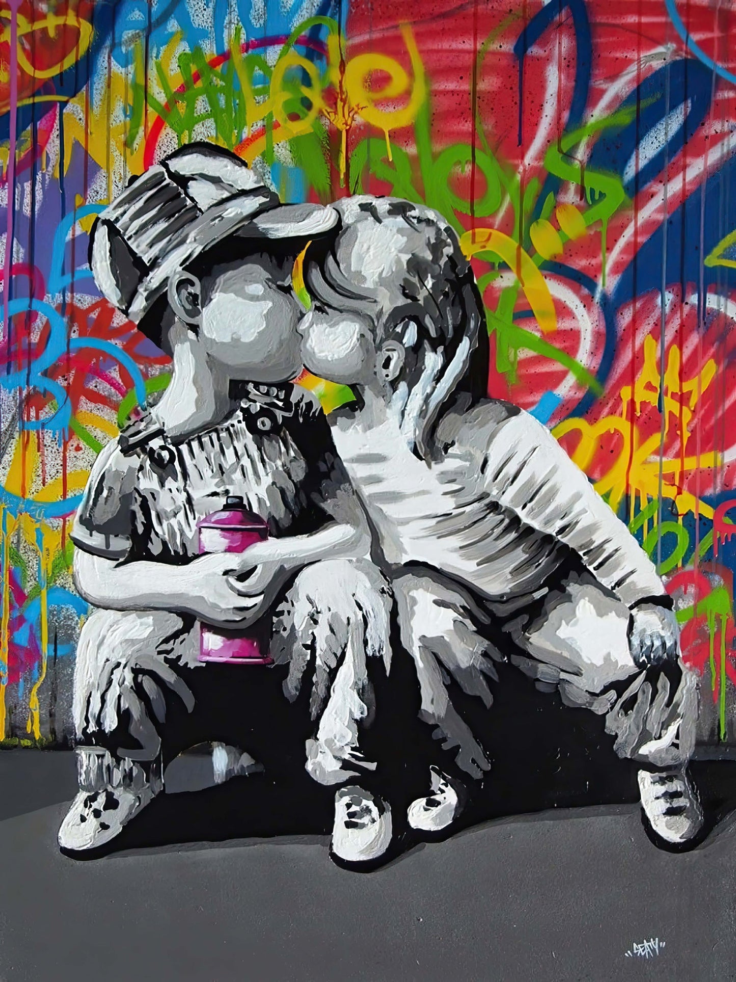BANKSY FIRST KISS – URBAN STREET ART CANVAS WALL DECOR (33.5" BY 23.5") POP GRAFFITI LOVE ARTWORK