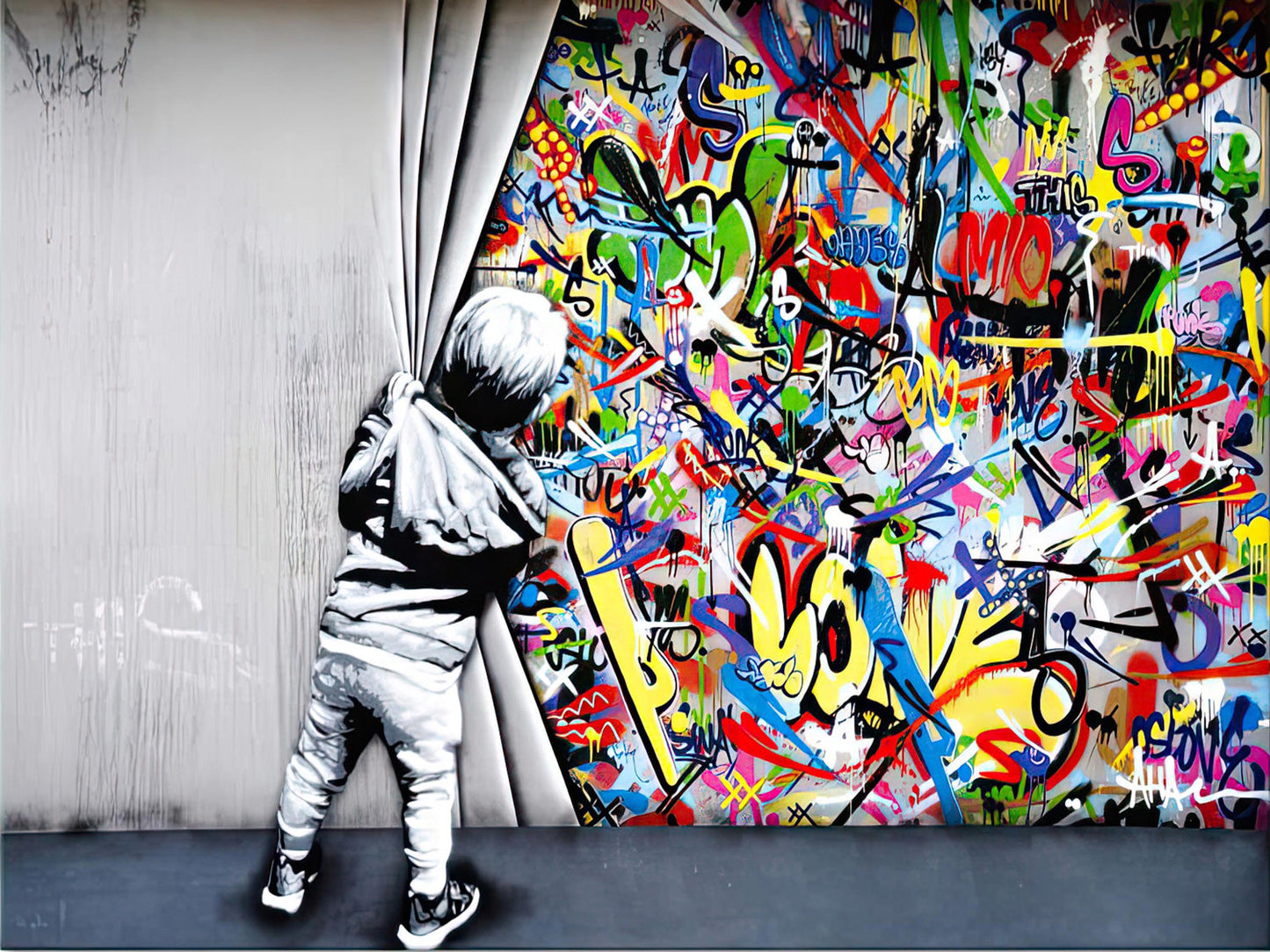 BANKSY OPENING THE CURTAIN – POLITICAL STREET ART CANVAS PRINT (33.5" BY 23.5") URBAN GRAFFITI WALL DECOR