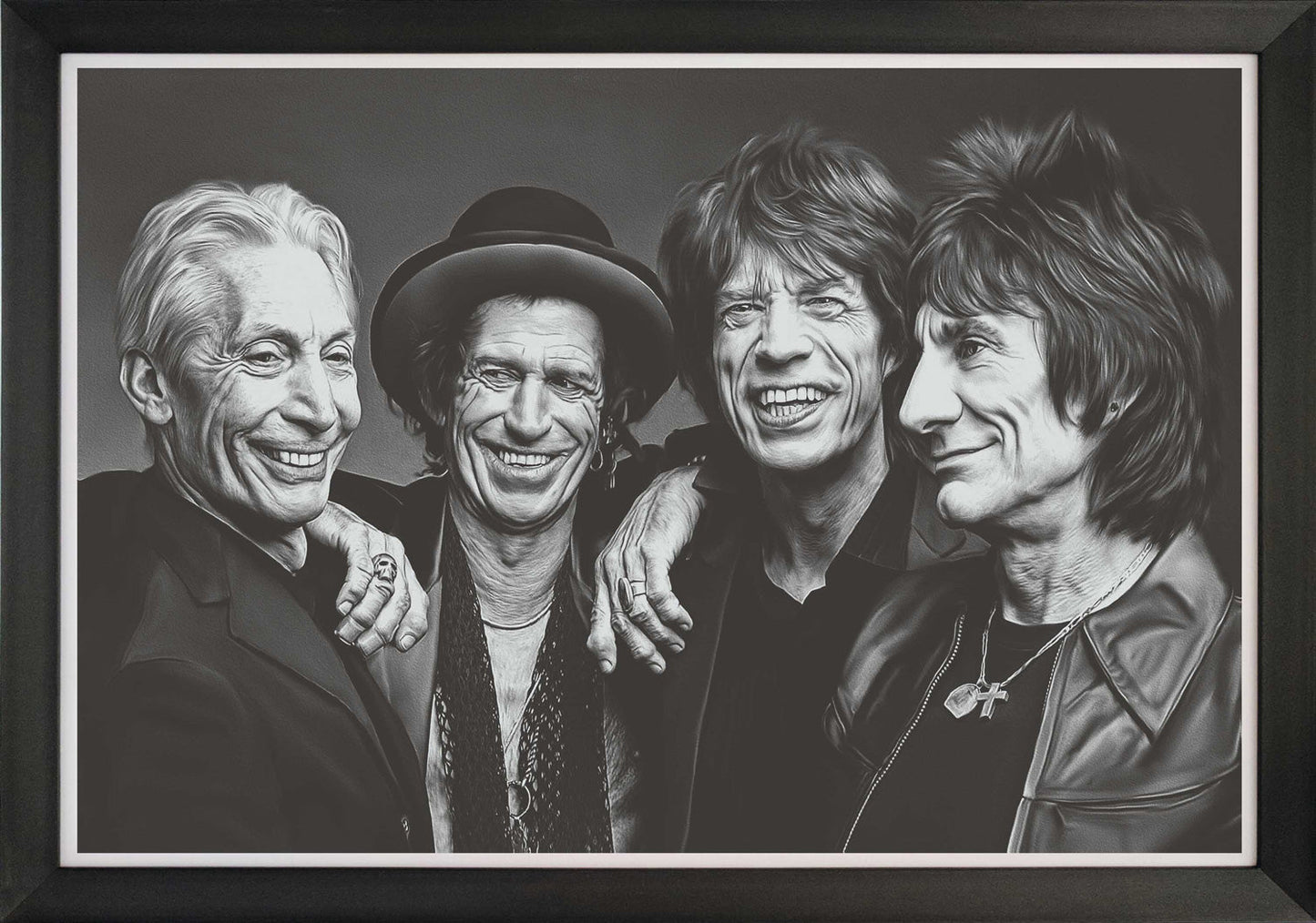 ROLLING STONES BAND PORTRAIT FRAMED ART REPRINT – ICONIC ROCK MUSIC COLLECTIBLE WALL DECOR POSTER DISPLAY (33.5" X 23.5")