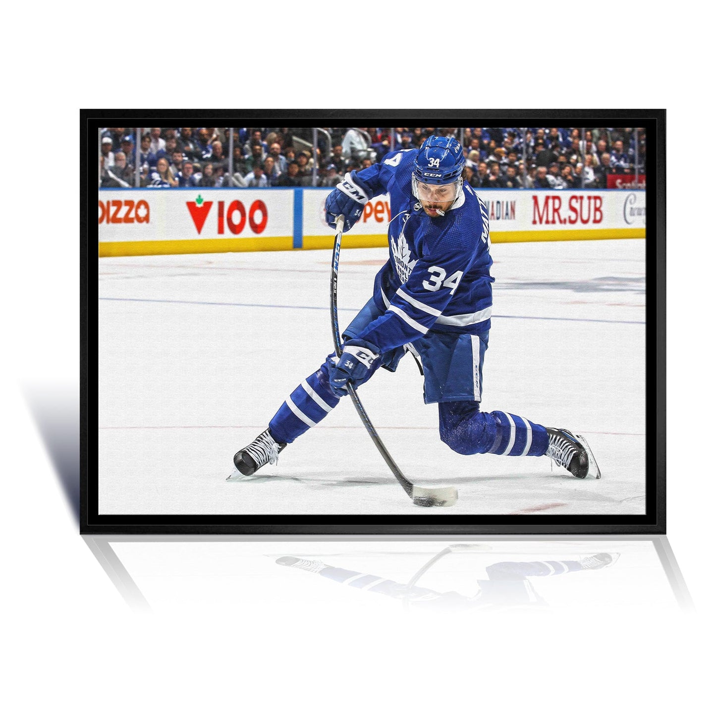 AUSTON MATTHEWS SLAPSHOT TORONTO HOCKEY NHL LICENSED FRAMED CANVAS – MUSEUM QUALITY DISPLAY PRINT FOR LEAFS FANS – SPORTS WALL ART DECOR PIECE – OFFICIAL COLLECTOR GIFT – AUTOGRAPH AUTHENTIC MEMORABILIA (31.5" BY 22.5")