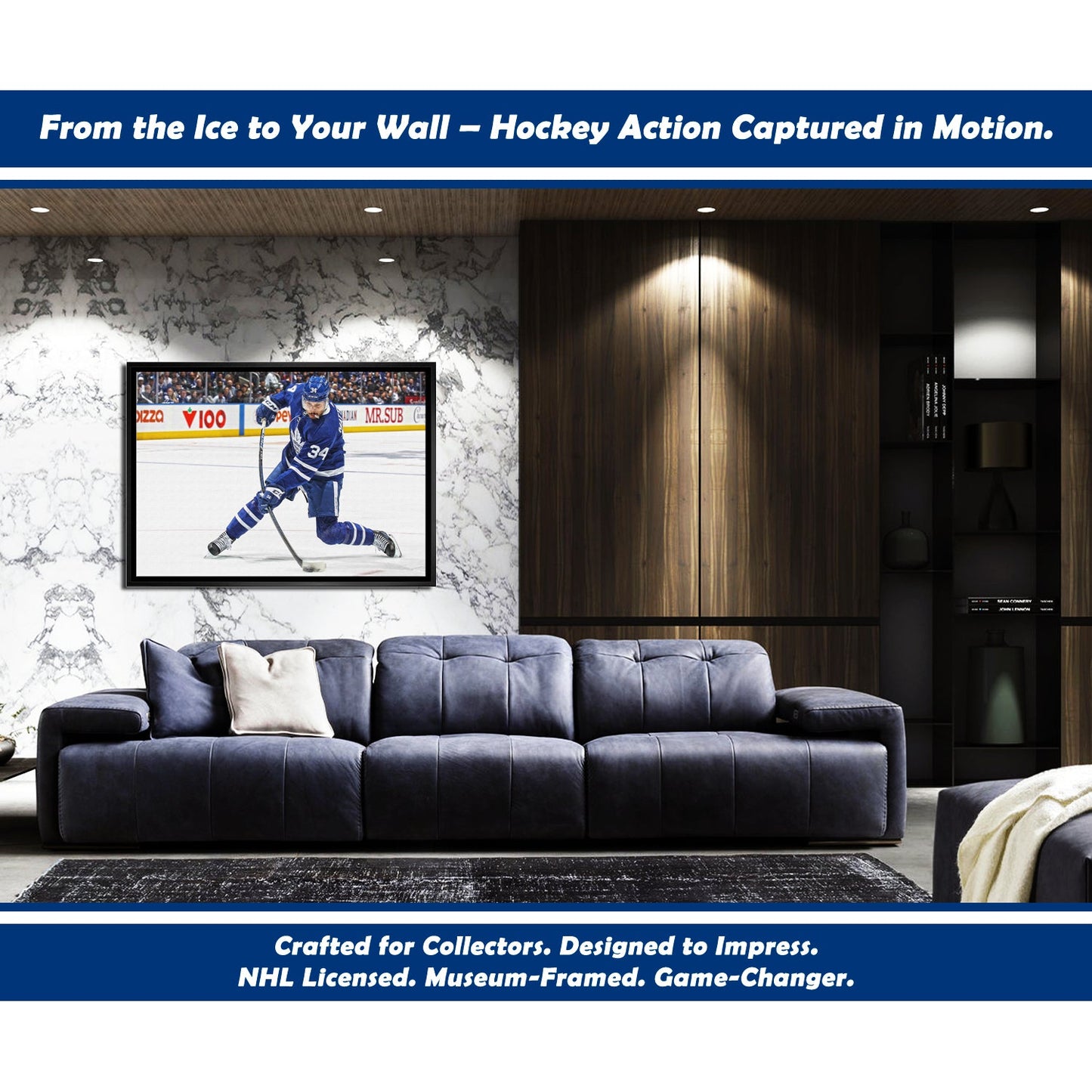 AUSTON MATTHEWS SLAPSHOT TORONTO HOCKEY NHL LICENSED FRAMED CANVAS – MUSEUM QUALITY DISPLAY PRINT FOR LEAFS FANS – SPORTS WALL ART DECOR PIECE – OFFICIAL COLLECTOR GIFT – AUTOGRAPH AUTHENTIC MEMORABILIA (31.5" BY 22.5")
