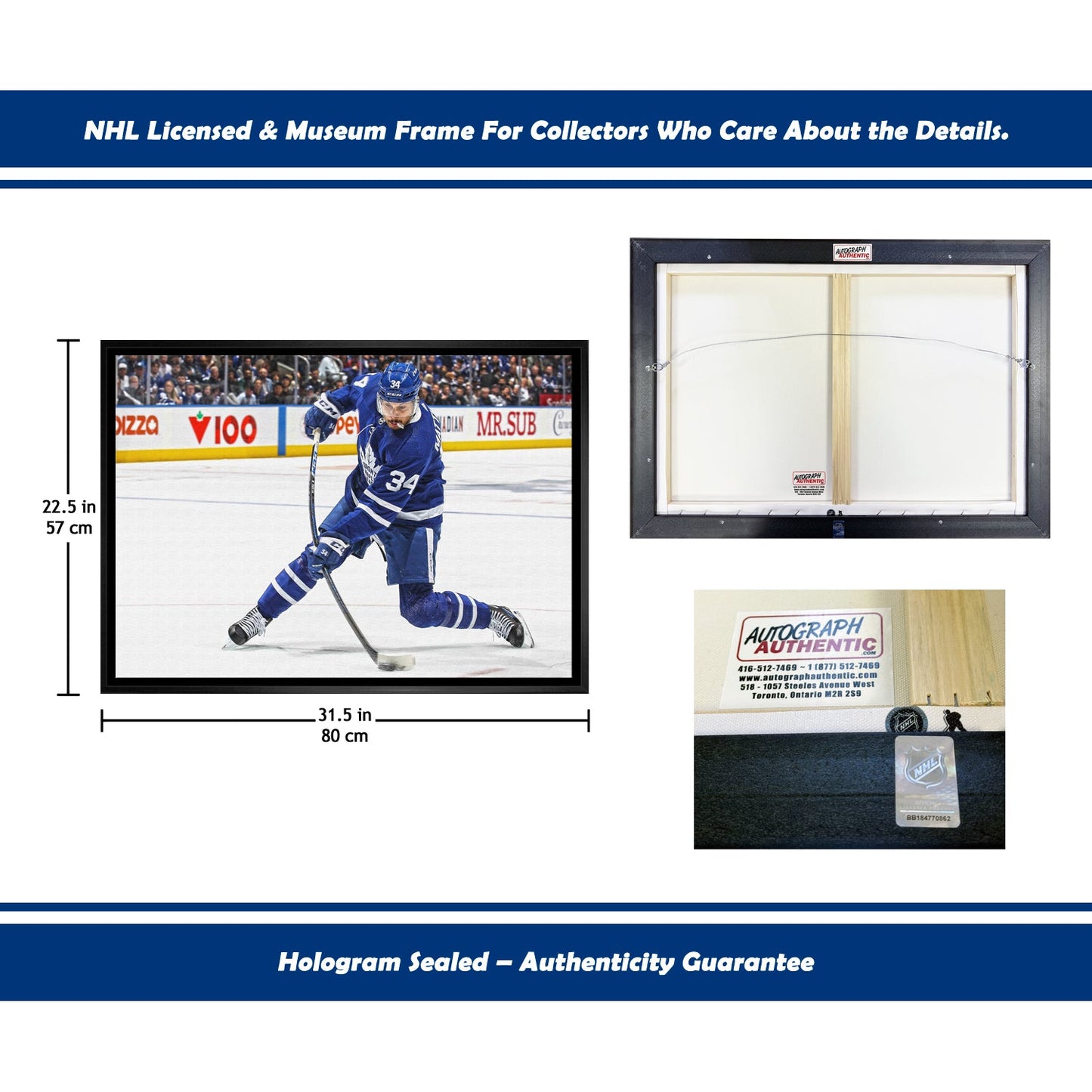 AUSTON MATTHEWS SLAPSHOT TORONTO HOCKEY NHL LICENSED FRAMED CANVAS – MUSEUM QUALITY DISPLAY PRINT FOR LEAFS FANS – SPORTS WALL ART DECOR PIECE – OFFICIAL COLLECTOR GIFT – AUTOGRAPH AUTHENTIC MEMORABILIA (31.5" BY 22.5")