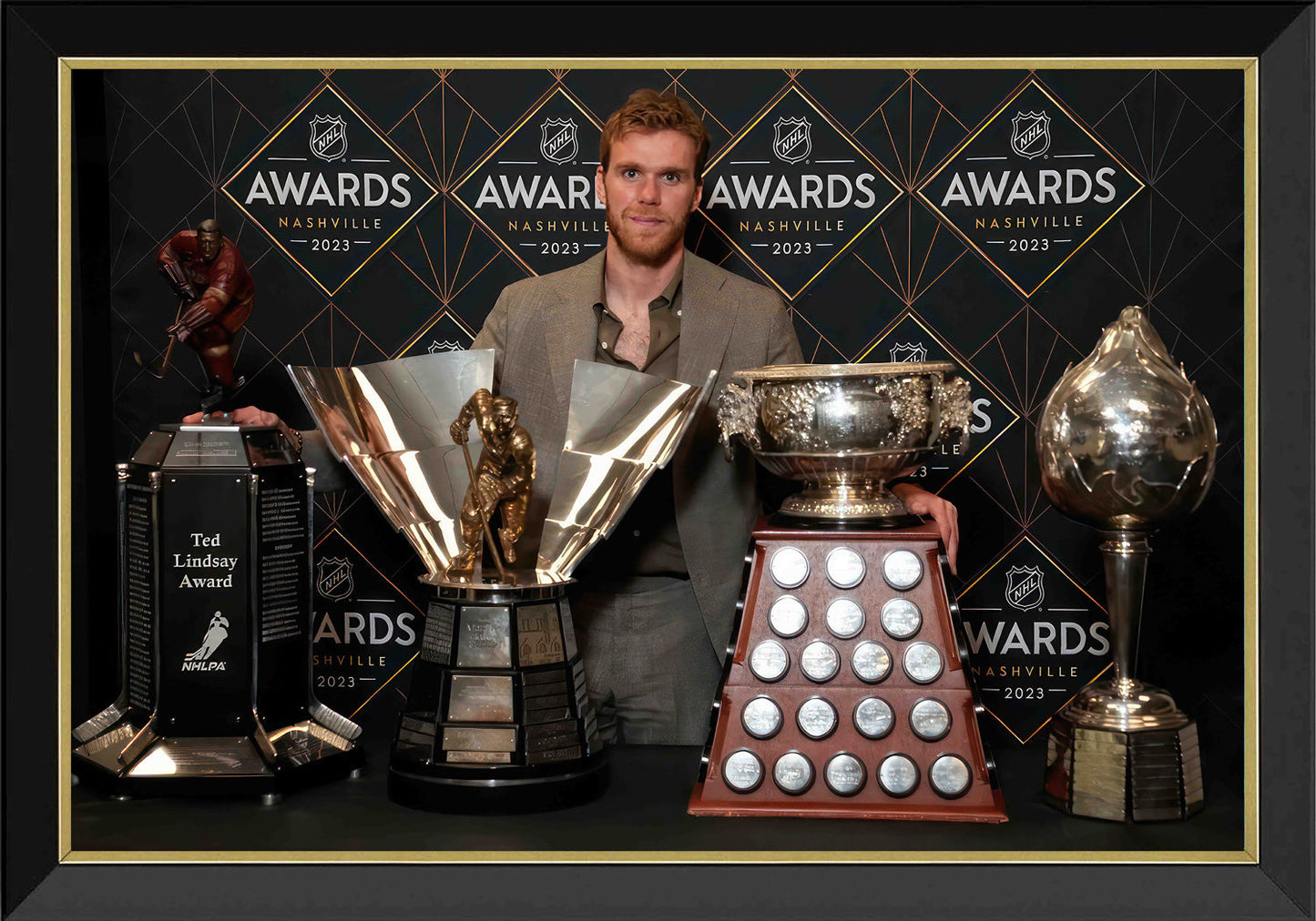 CONNOR MCDAVID NHL TROPHY WINS FRAMED CANVAS – EDMONTON OILERS SUPERSTAR WALL ART COLLECTIBLE DISPLAY (33.5" X 23.5")