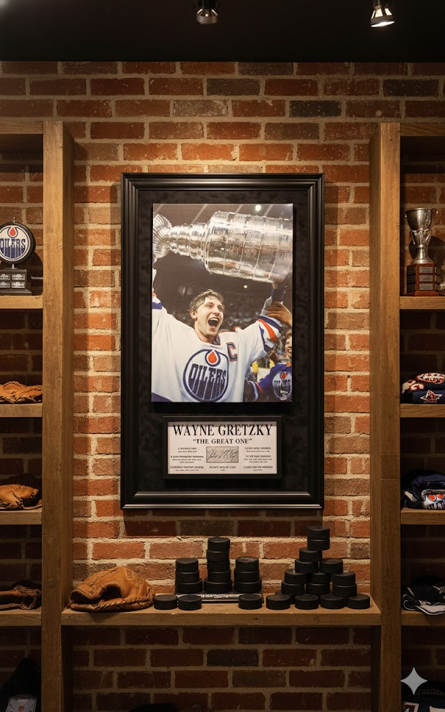 WAYNE GRETZKY SIGNATURE PLAQUE & CANVAS – ALL TIME GREATS OVERSIZED FRAMED AUTOGRAPH (49.5" BY 29.5")