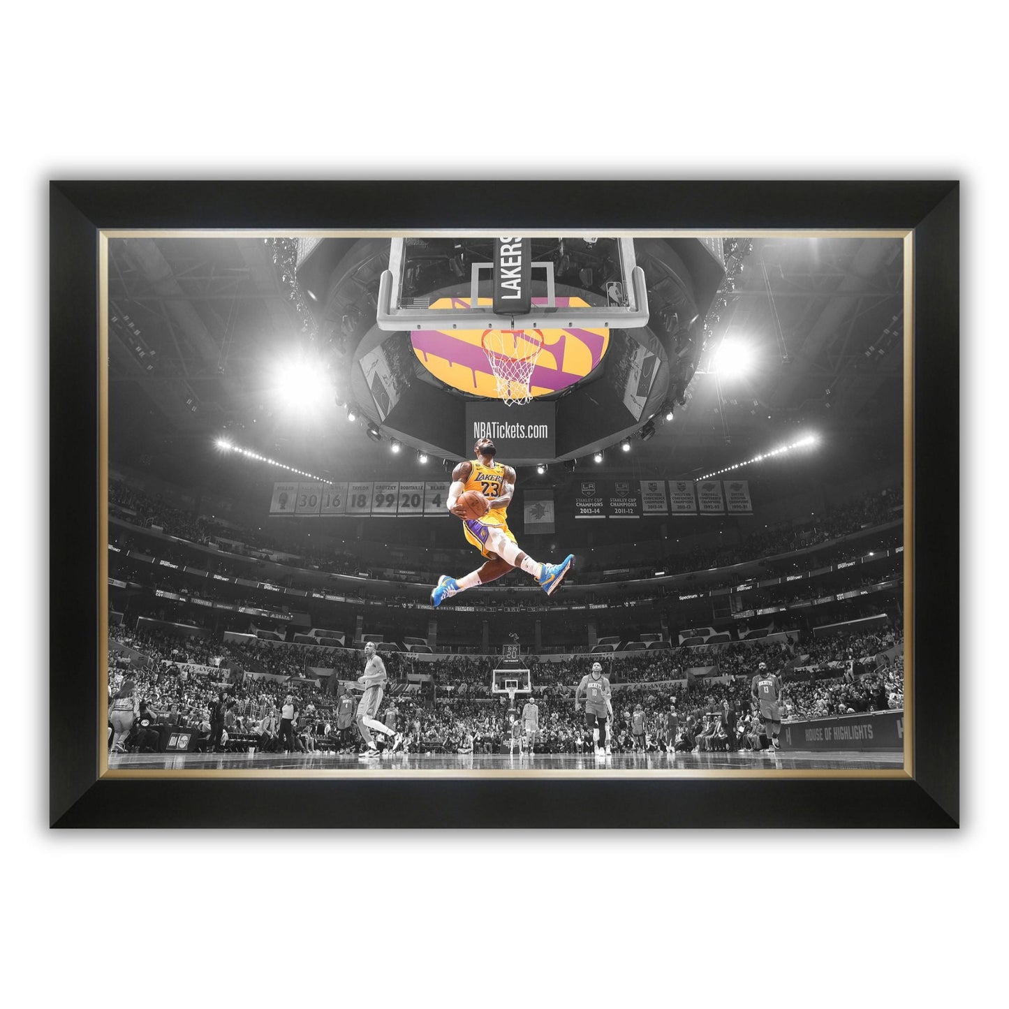 LEBRON JAMES SLAM DUNK TRIBUTE FRAMED CANVAS – ICONIC L.A. LAKERS BASKETBALL ARTWORK – WALL DECOR FOR COLLECTORS, FANS, AND SPORTS ENTHUSIASTS – FACSIMILE SIGNATURE – 33.5 X 23.5 INCHES