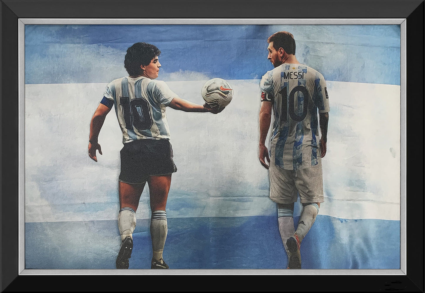 LIONEL MESSI & DIEGO MARADONA ARGENTINA FRAMED CANVAS – LEGENDARY SOCCER ICONS WALL ART DISPLAY (33.5" BY 23.5")