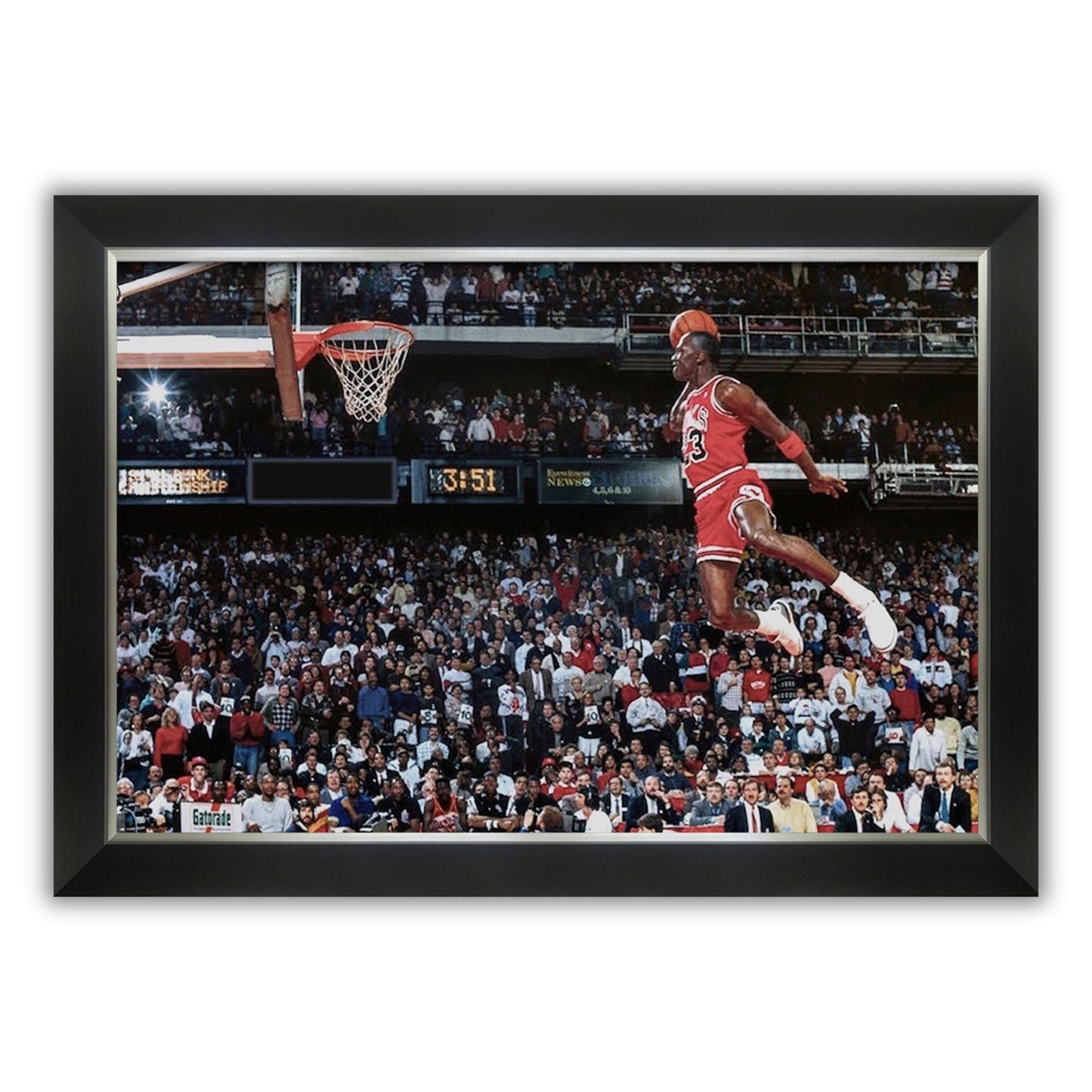MICHAEL JORDAN 1988 SLAM DUNK CONTEST FRAMED CANVAS – CHICAGO BULLS NBA LEGEND – ICONIC MID-AIR POSTER TRIBUTE – VINTAGE BASKETBALL WALL ART (33.5" X 23.5")