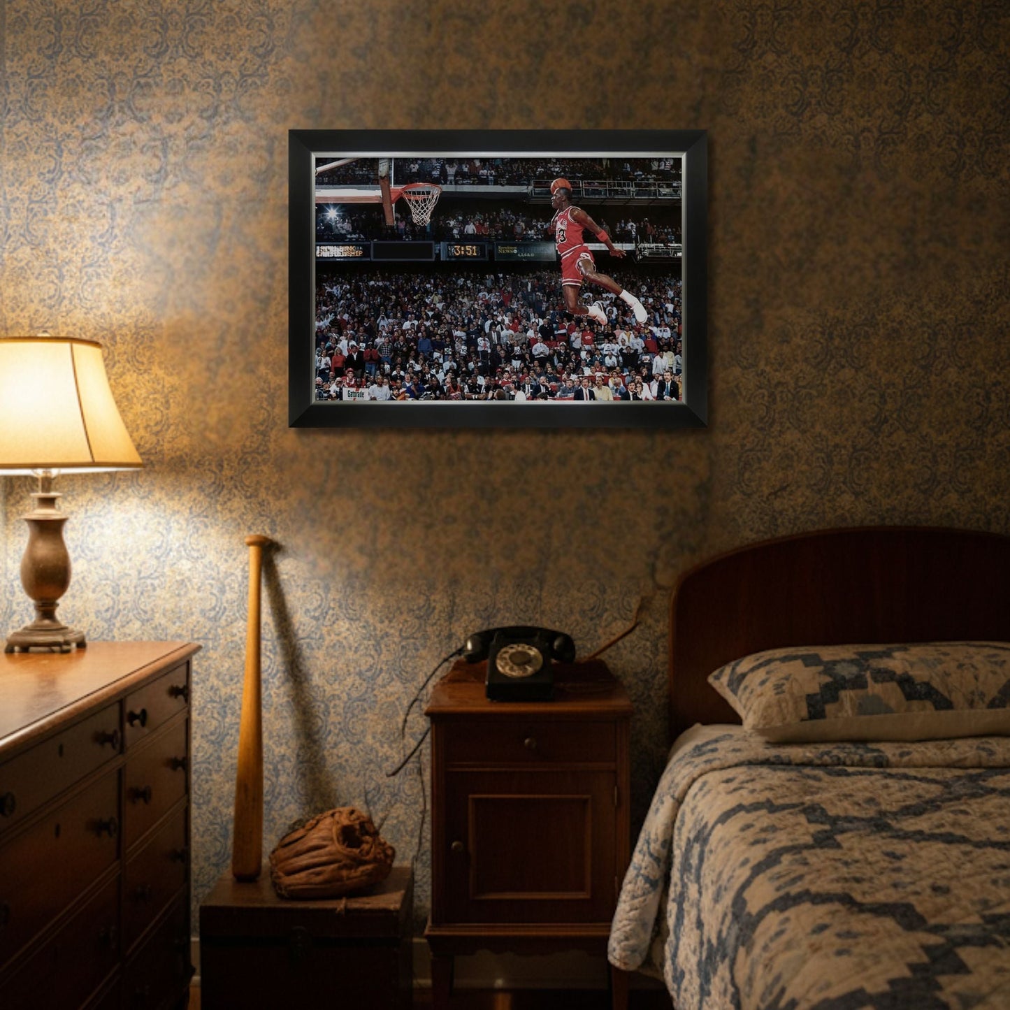 MICHAEL JORDAN 1988 SLAM DUNK CONTEST FRAMED CANVAS – CHICAGO BULLS NBA LEGEND – ICONIC MID-AIR POSTER TRIBUTE – VINTAGE BASKETBALL WALL ART (33.5" X 23.5")