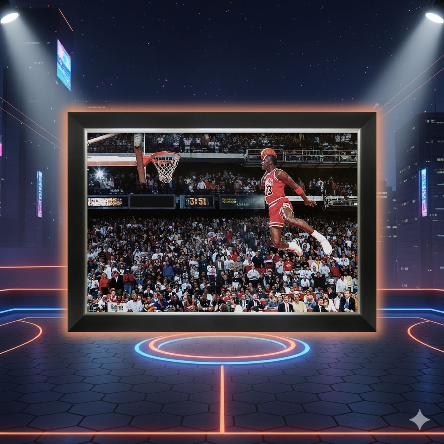 MICHAEL JORDAN 1988 SLAM DUNK CONTEST FRAMED CANVAS – CHICAGO BULLS NBA LEGEND – ICONIC MID-AIR POSTER TRIBUTE – VINTAGE BASKETBALL WALL ART (33.5" X 23.5")