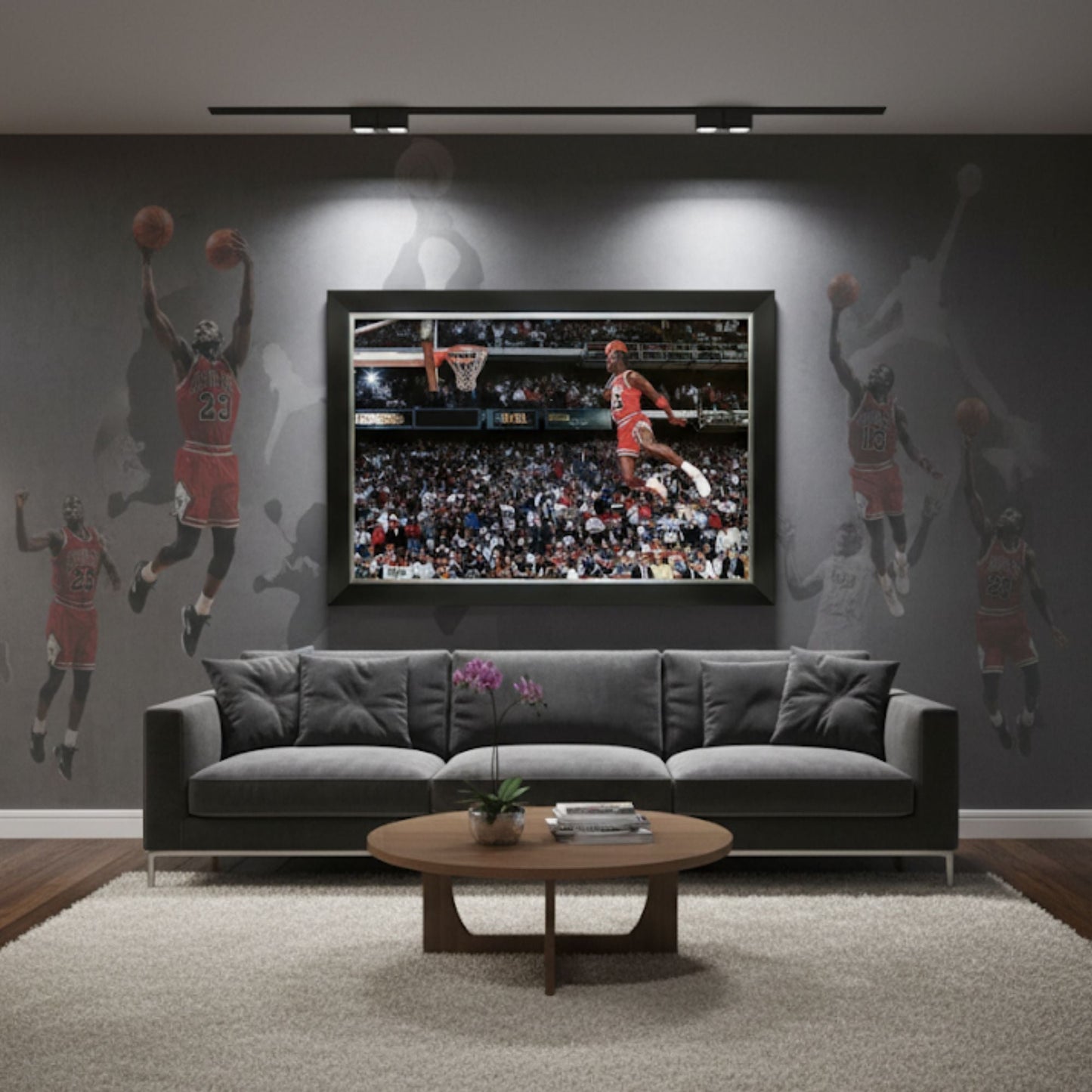 MICHAEL JORDAN 1988 SLAM DUNK CONTEST FRAMED CANVAS – CHICAGO BULLS NBA LEGEND – ICONIC MID-AIR POSTER TRIBUTE – VINTAGE BASKETBALL WALL ART (33.5" X 23.5")