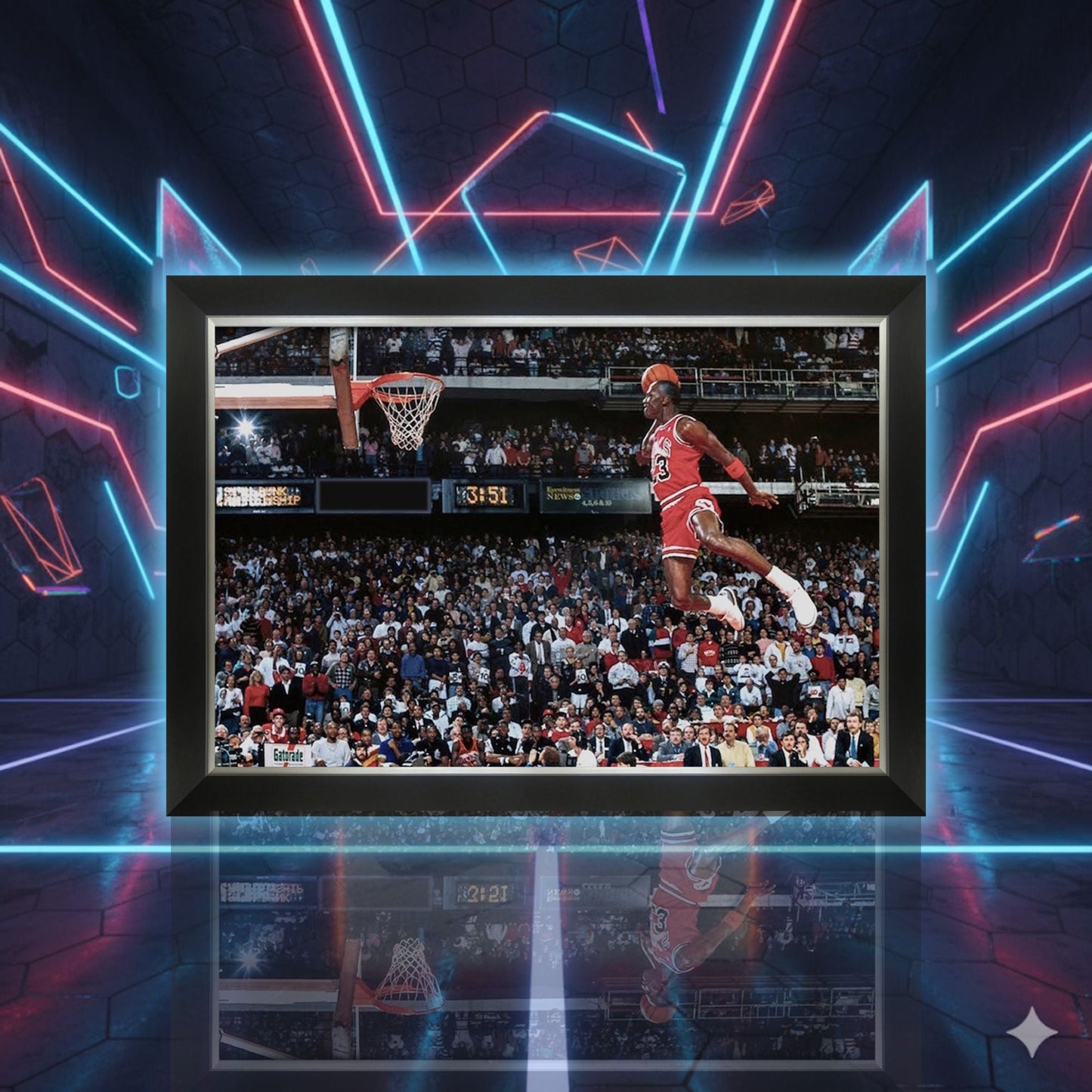 MICHAEL JORDAN 1988 SLAM DUNK CONTEST FRAMED CANVAS – CHICAGO BULLS NBA LEGEND – ICONIC MID-AIR POSTER TRIBUTE – VINTAGE BASKETBALL WALL ART (33.5" X 23.5")