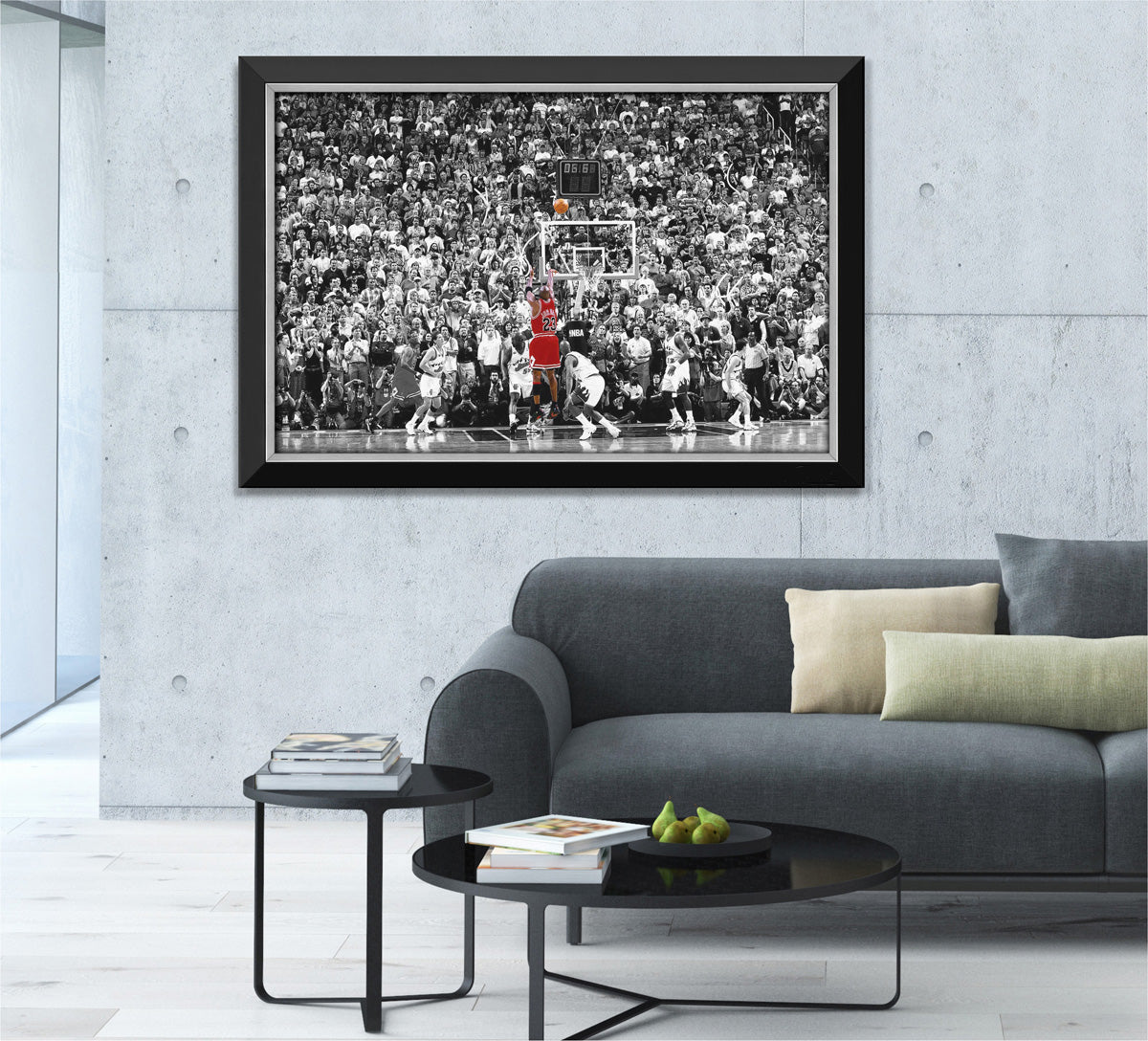 MICHAEL JORDAN LAST SHOT FRAMED CANVAS – ICONIC NBA MOMENT WALL ART – BASKETBALL COLLECTIBLE DISPLAY PIECE (33.5" BY 23.5")