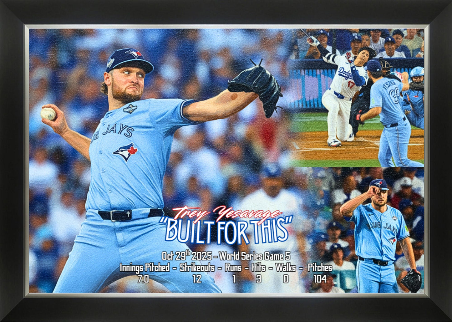 TREY YESAVAGE ROOKIE RECORD SETTING GAME 5 - 2025 WORLD SERIES VS L.A. DODGERS – TORONTO BLUE JAYS BASEBALL FRAMED CANVAS WALL ART - 33.5" X 23.5"
