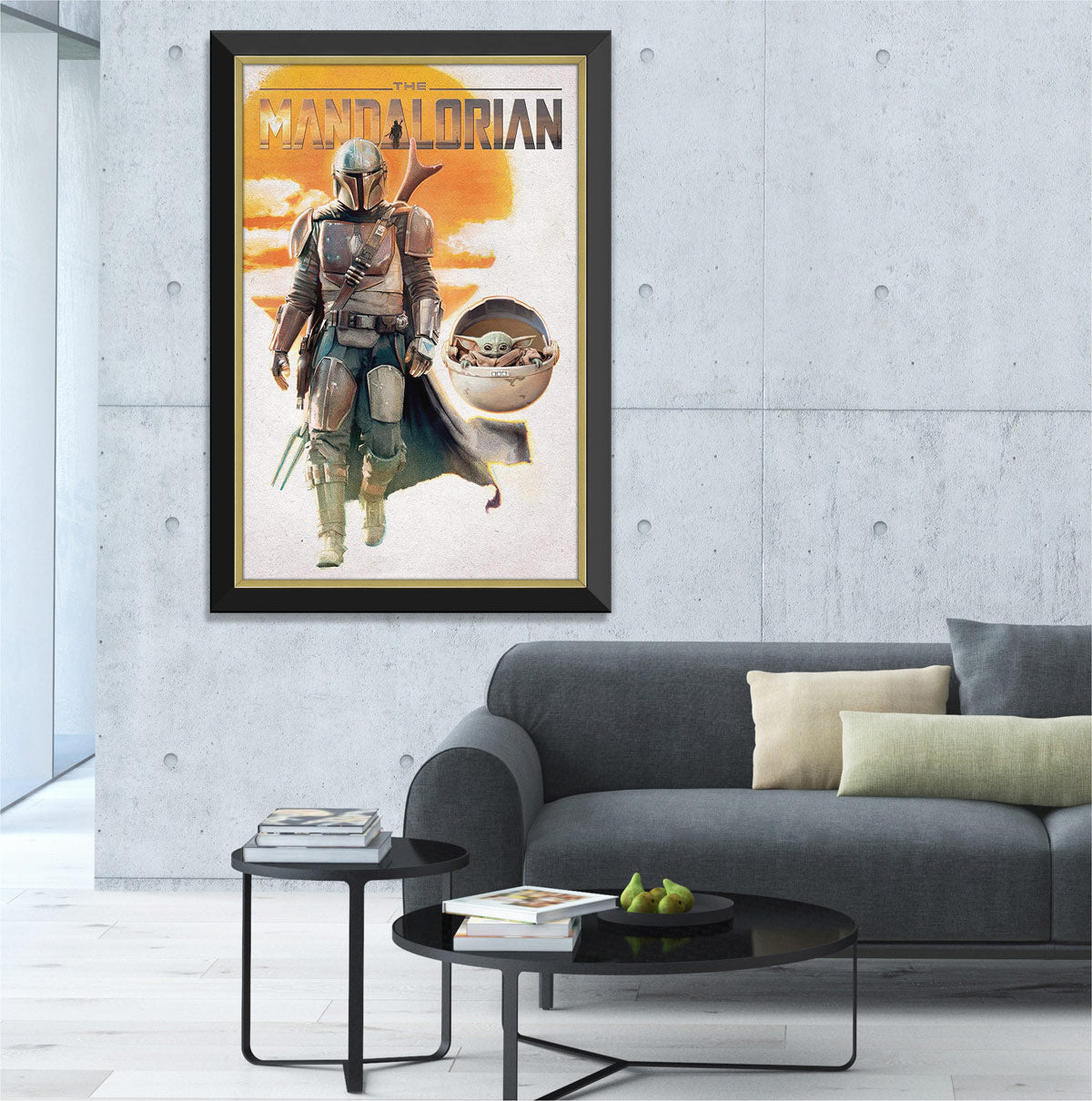 STAR WARS THE MANDALORIAN MANDO AND BABY YODA GROGU FRAMED POSTER PRINT WALL ART COLLECTIBLE (33.5" X 23.5")