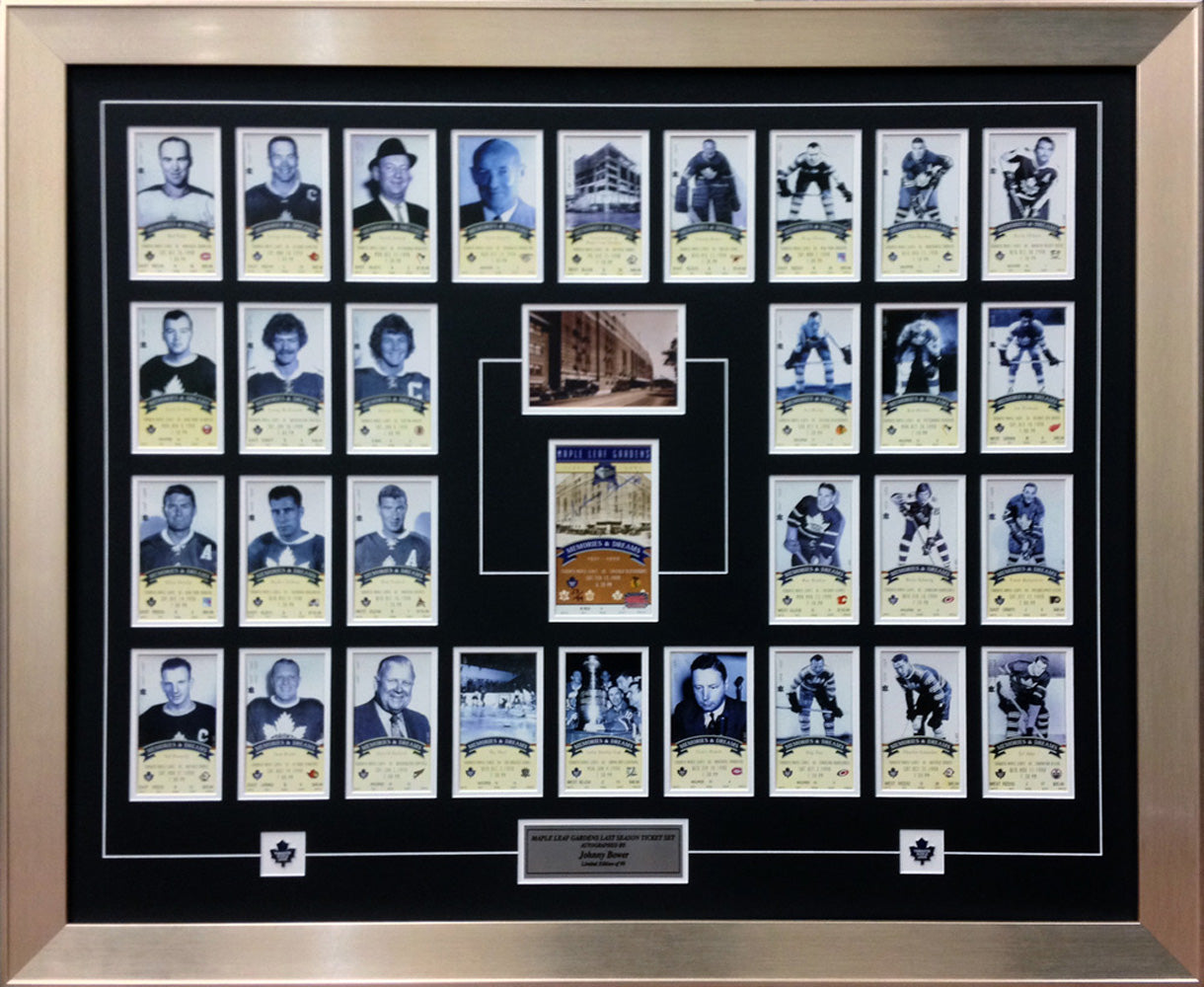 JOHNNY BOWER SIGNED TORONTO MAPLE LEAFS GARDENS LAST GAME TICKET SET – FRAMED NHL DISPLAY LTD ED /99 (43" BY 38")