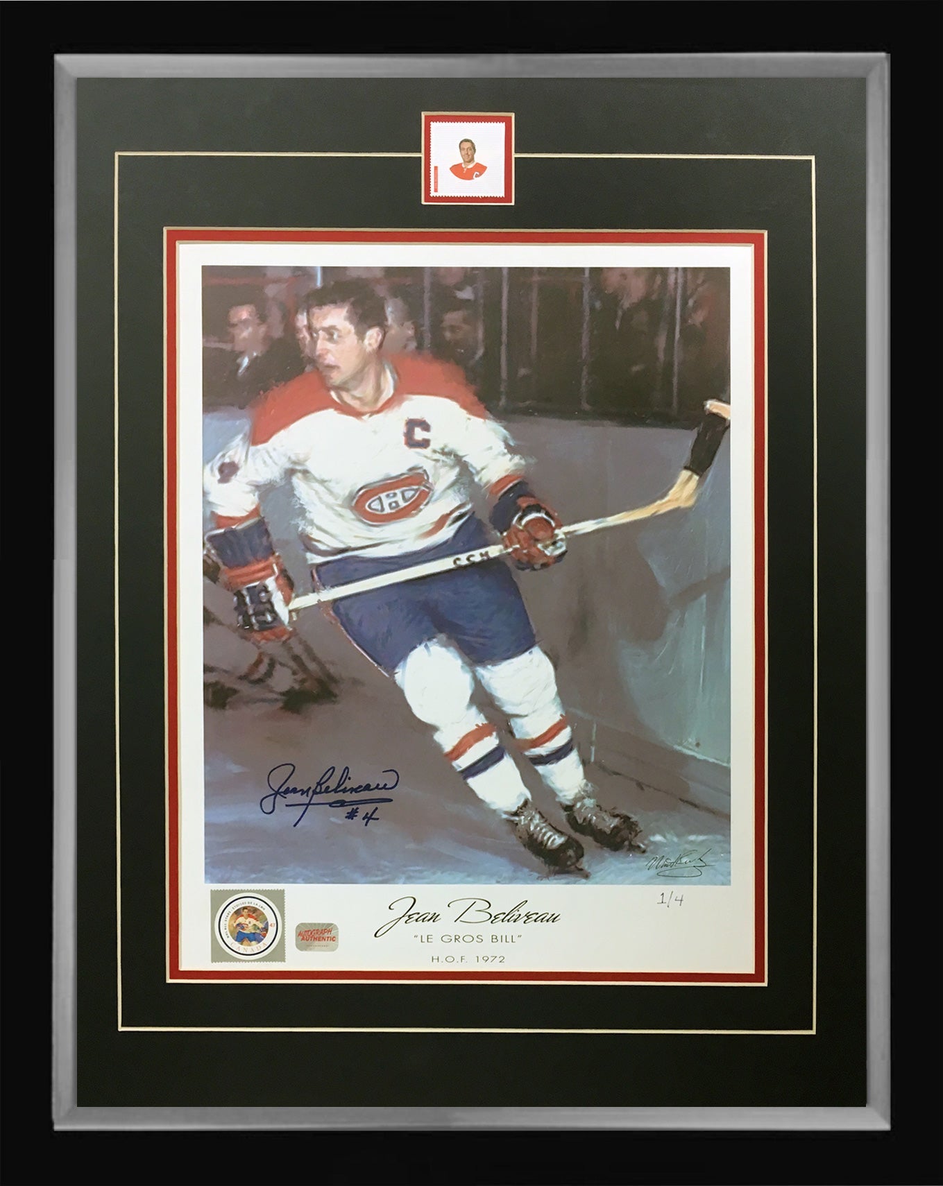 JEAN BELIVEAU AUTOGRAPHED FRAMED LITHOGRAPH – RARE LTD. ED. #1 OF 4 – MONTREAL CANADIENS COLLECTIBLE ART (24" X 20")