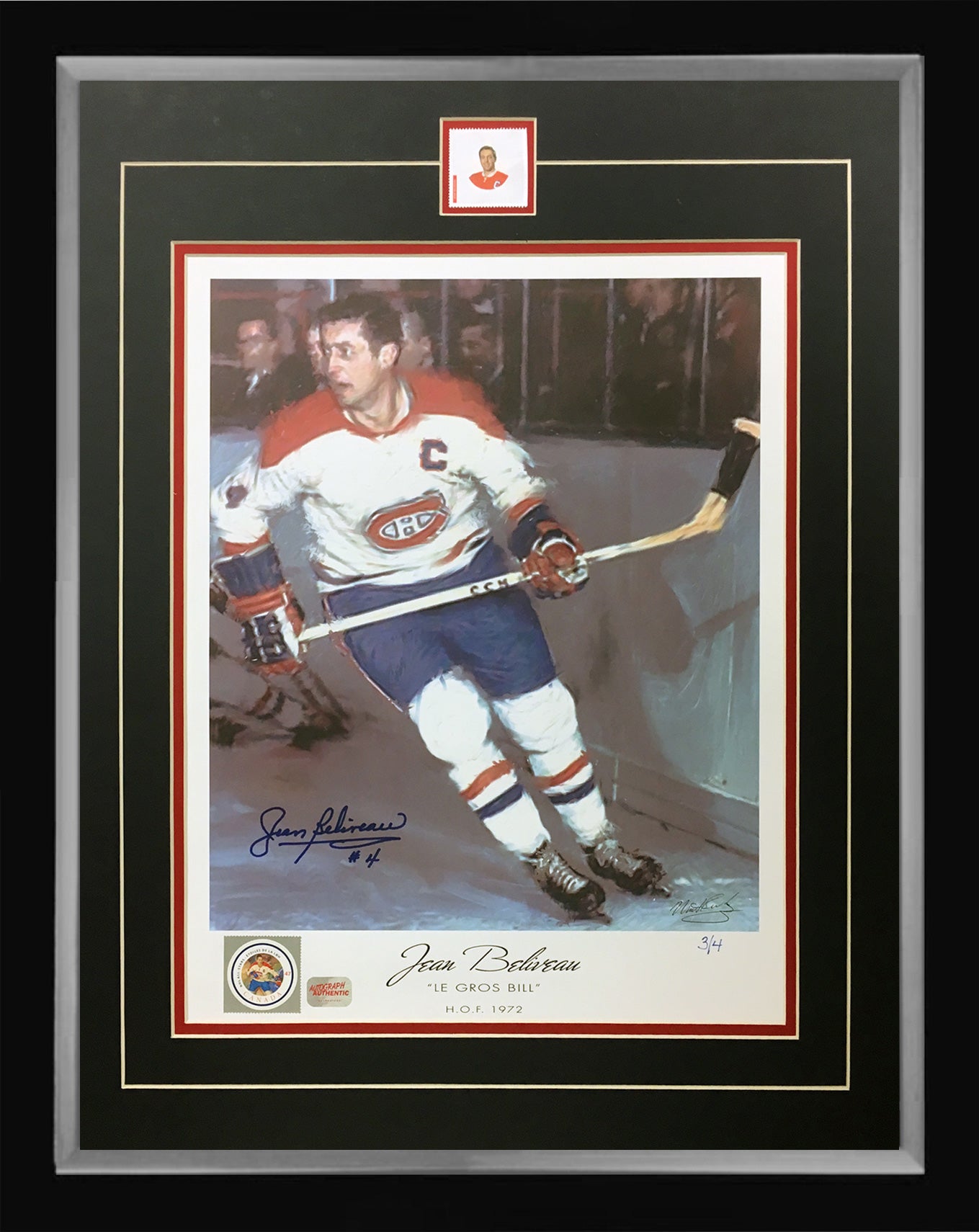 JEAN BELIVEAU AUTOGRAPHED LITHOGRAPH – RARE LTD. ED. #3 OF 4 – FRAMED CANADIENS NHL ART (24" X 20")