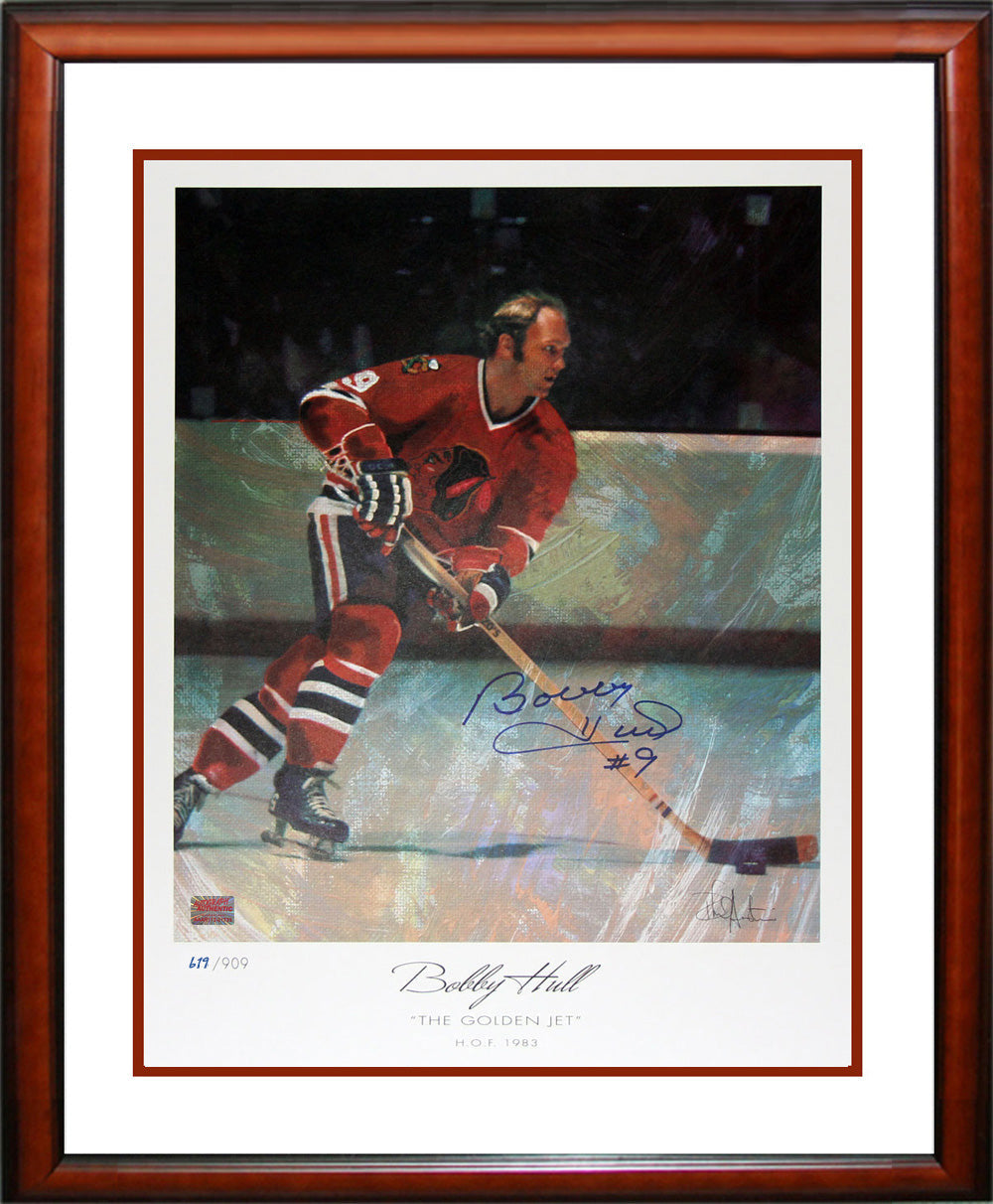 BOBBY HULL SIGNED LITHOGRAPH – THE GOLDEN JET – FRAMED LTD EDITION /909 – CHICAGO BLACKHAWKS ART (27" X 23")
