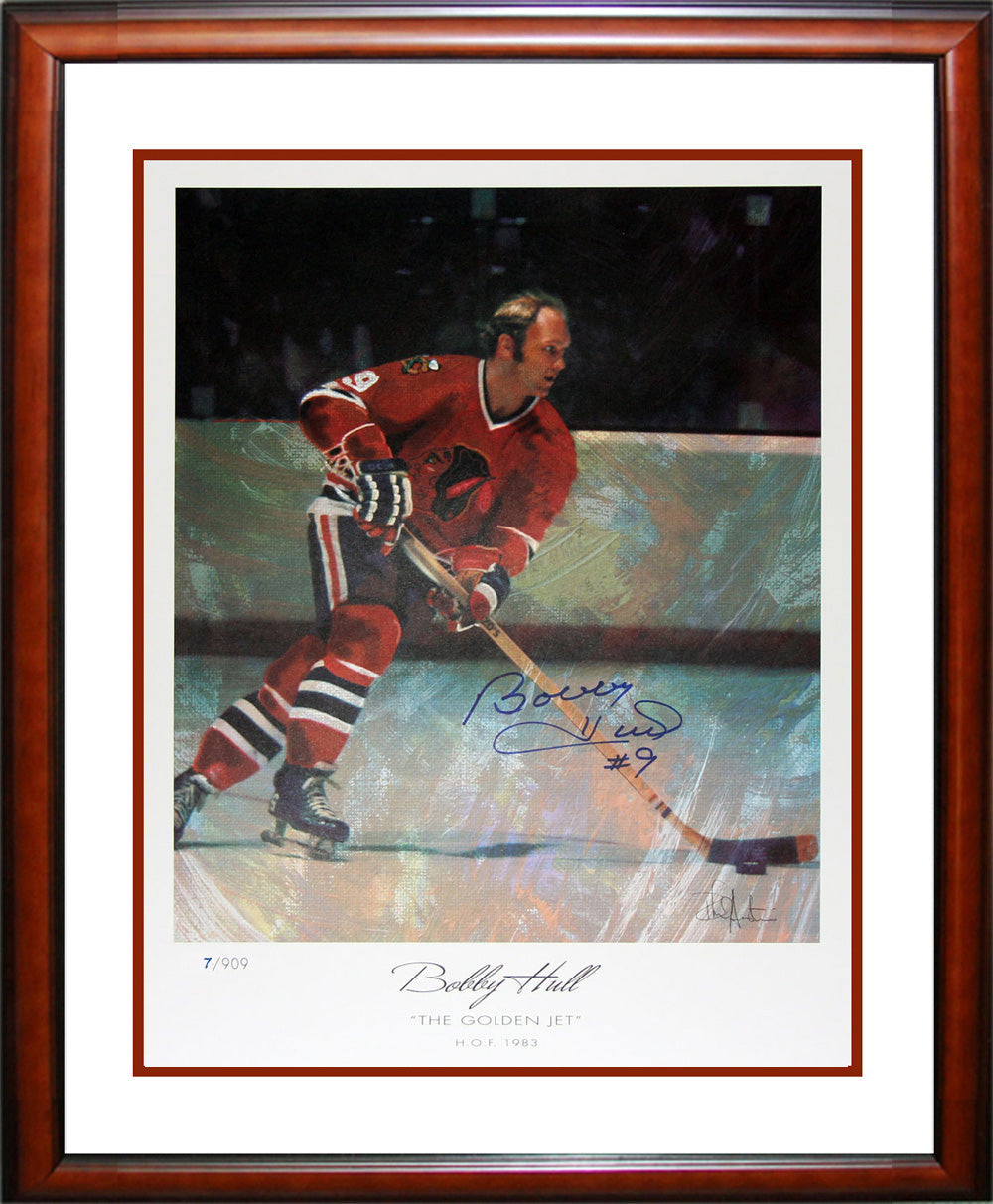 BOBBY HULL AUTOGRAPHED FRAMED LITHOGRAPH – LIMITED EDITION 7 OF 909 – CHICAGO BLACKHAWKS NHL COLLECTIBLE (27" X 23")