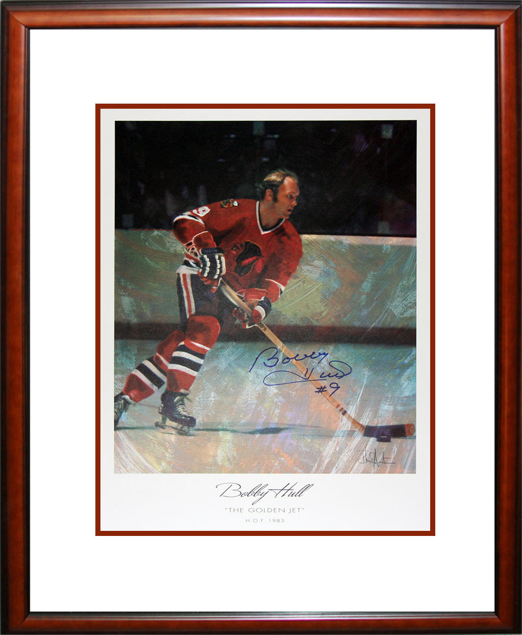 BOBBY HULL AUTOGRAPHED LITHOGRAPH – THE GOLDEN JET – FRAMED CHICAGO COLLECTIBLE (22" X 18")
