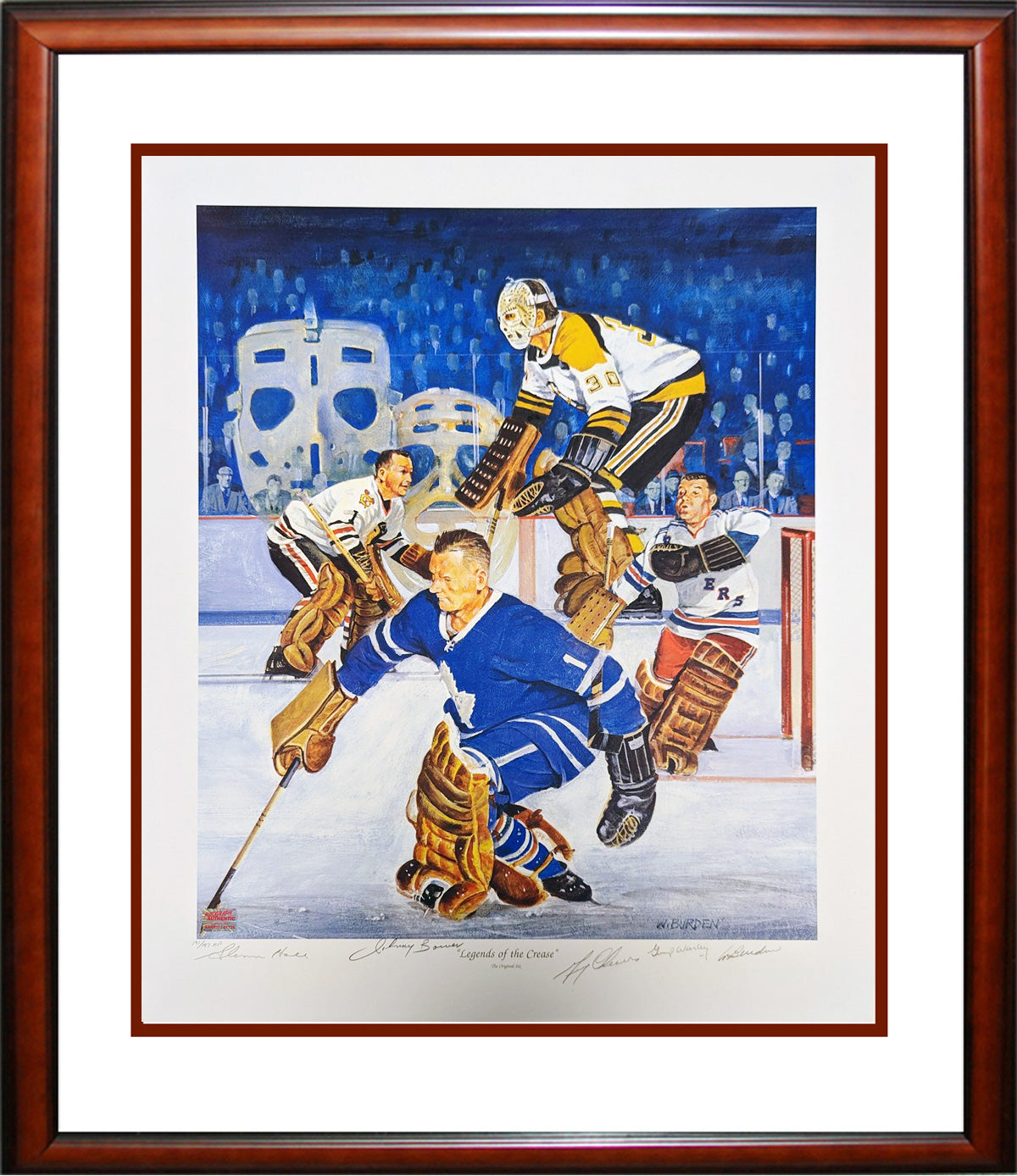 FRAMED LEGENDS OF THE CREASE ARTIST PROOF LITHOGRAPH – SIGNED BY BOWER, CHEEVERS, HALL & WORSLEY – LTD ED /197 (30" X 26")
