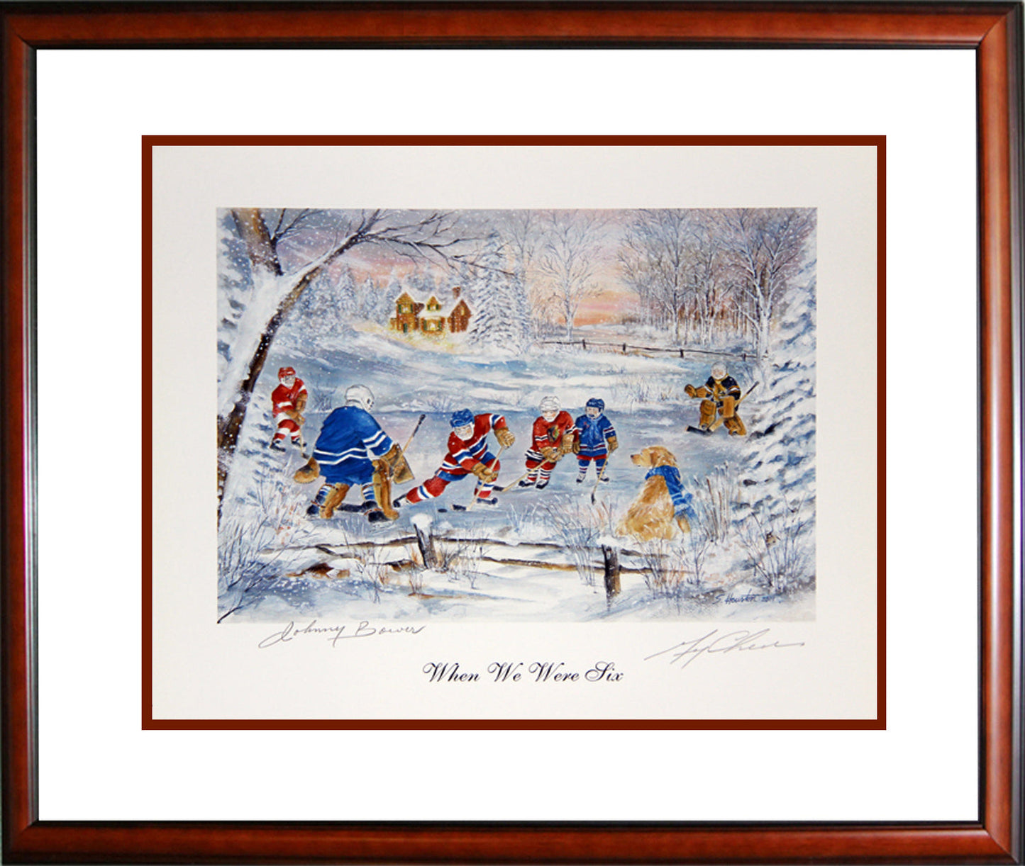 WHEN WE WERE SIX SIGNED LITHOGRAPH – FRAMED BOWER & CHEEVERS HOCKEY COLLECTIBLE (16" X 14")
