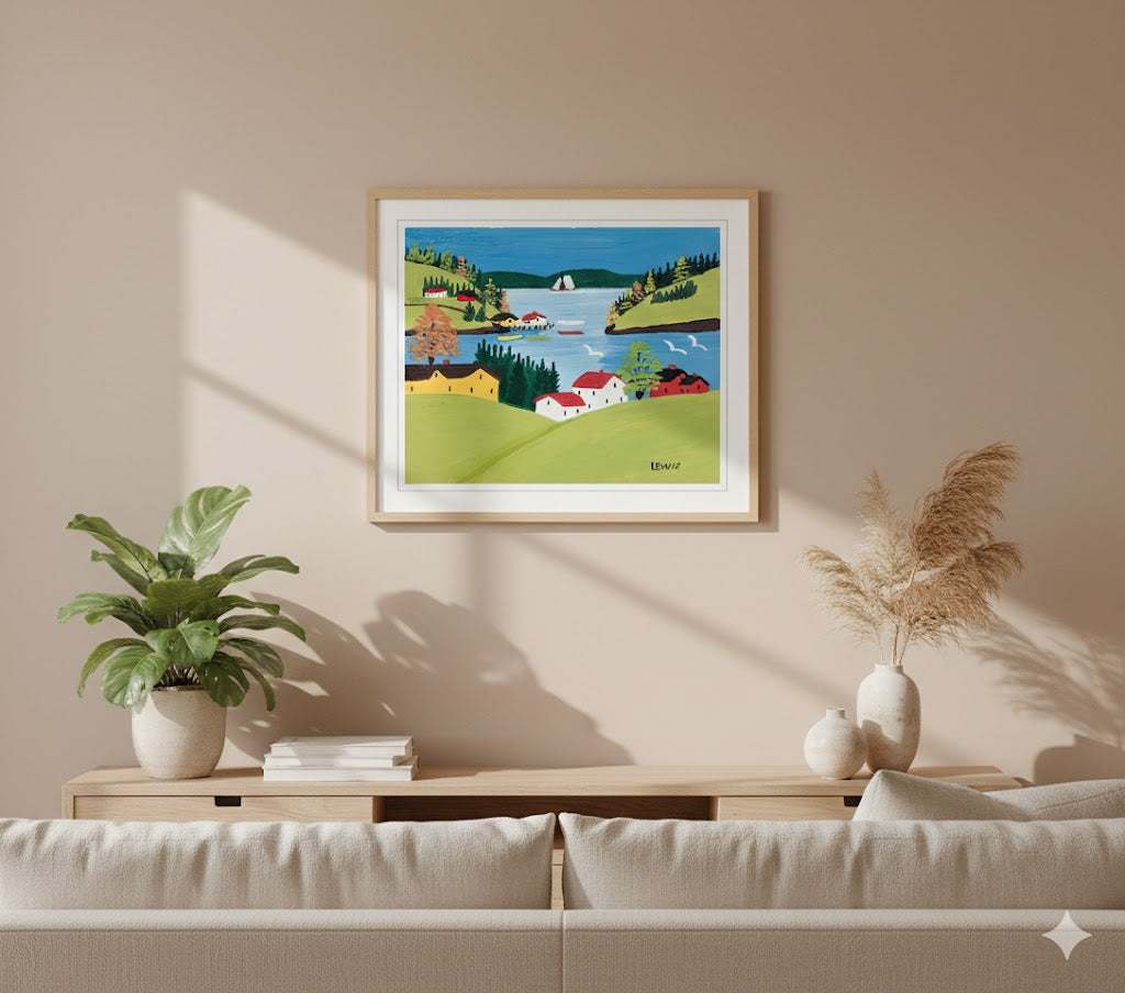 FRAMED ART PRINT BY MAUD LEWIS DIGBY HARBOUR FOLK ART PAINTING FLAT STYLE MARITIME WALL DECOR 24 X 28 INCHES