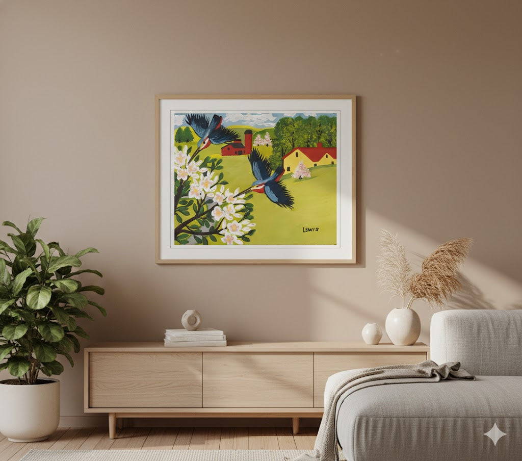 FRAMED ART PRINT BY MAUD LEWIS HUMMINGBIRDS FOLK ART PAINTING FLAT STYLE WALL DECOR 24 X 28 INCHES