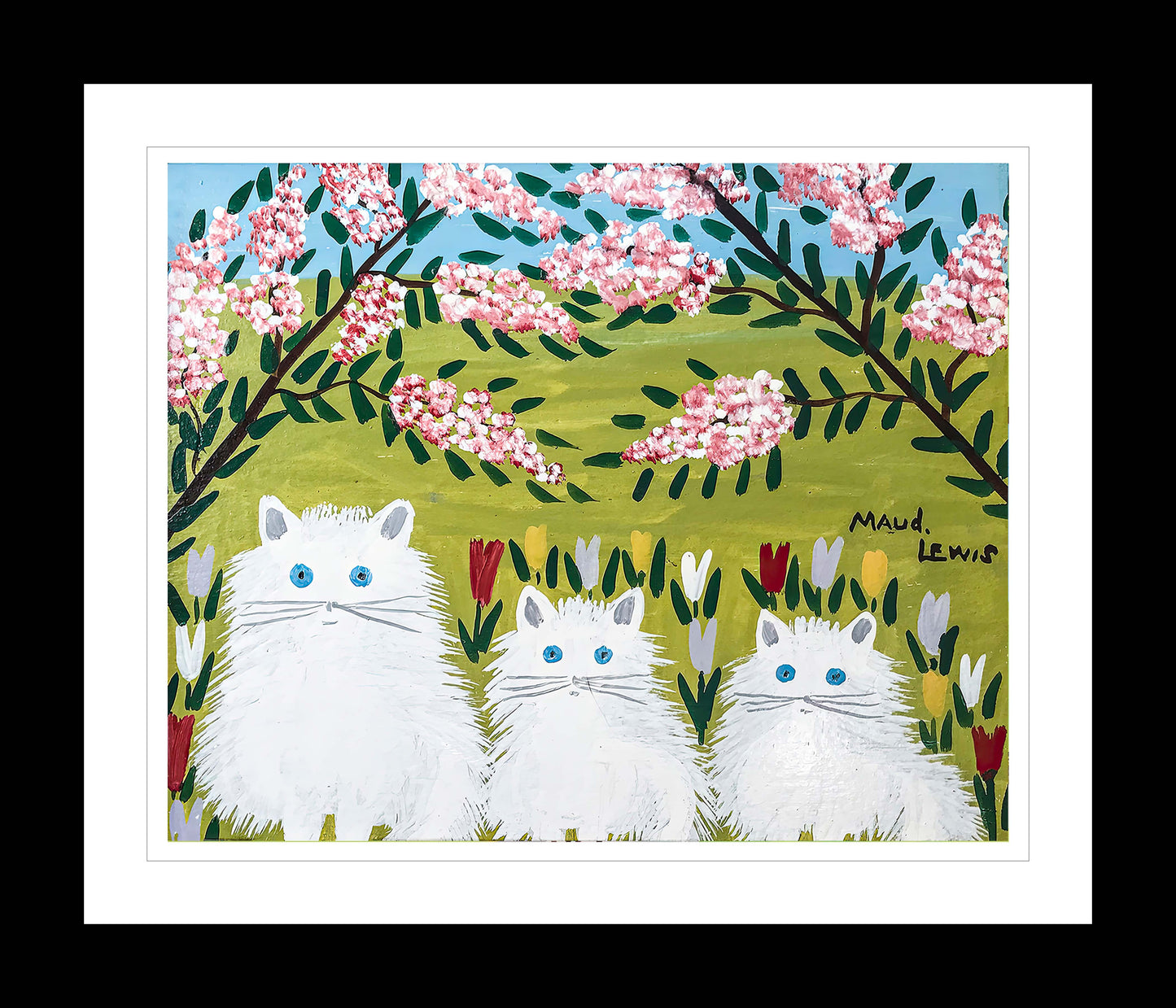 FRAMED ART PRINT BY MAUD LEWIS THREE WHITE CATS FOLK ART PAINTING FLAT STYLE WALL DECOR 24 X 28 INCHES