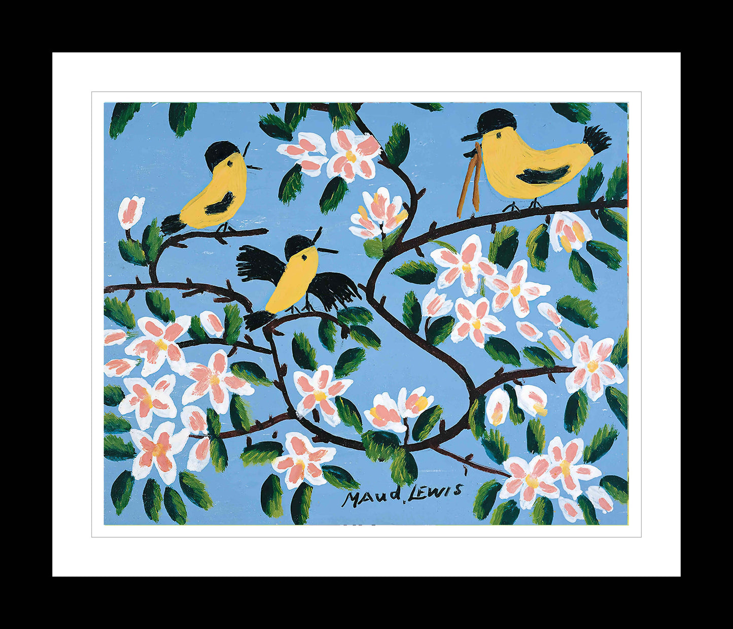 FRAMED ART PRINT BY MAUD LEWIS YELLOW BIRDS FOLK ART PAINTING FLAT STYLE WALL DECOR 24 X 28 INCHES