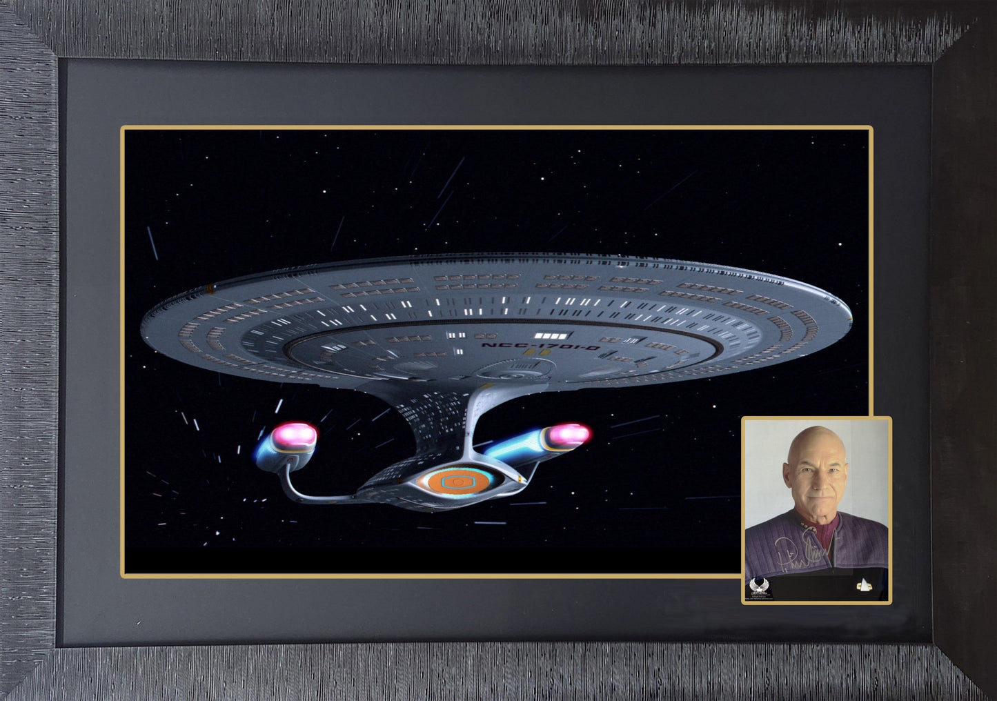 PATRICK STEWART AS CAPTAIN JEAN-LUC PICARD SIGNED DISPLAY WITH ENTERPRISE-D STARSHIP (38" X 28") – FRAMED AUTOGRAPHED WALL ART COLLECTIBLE
