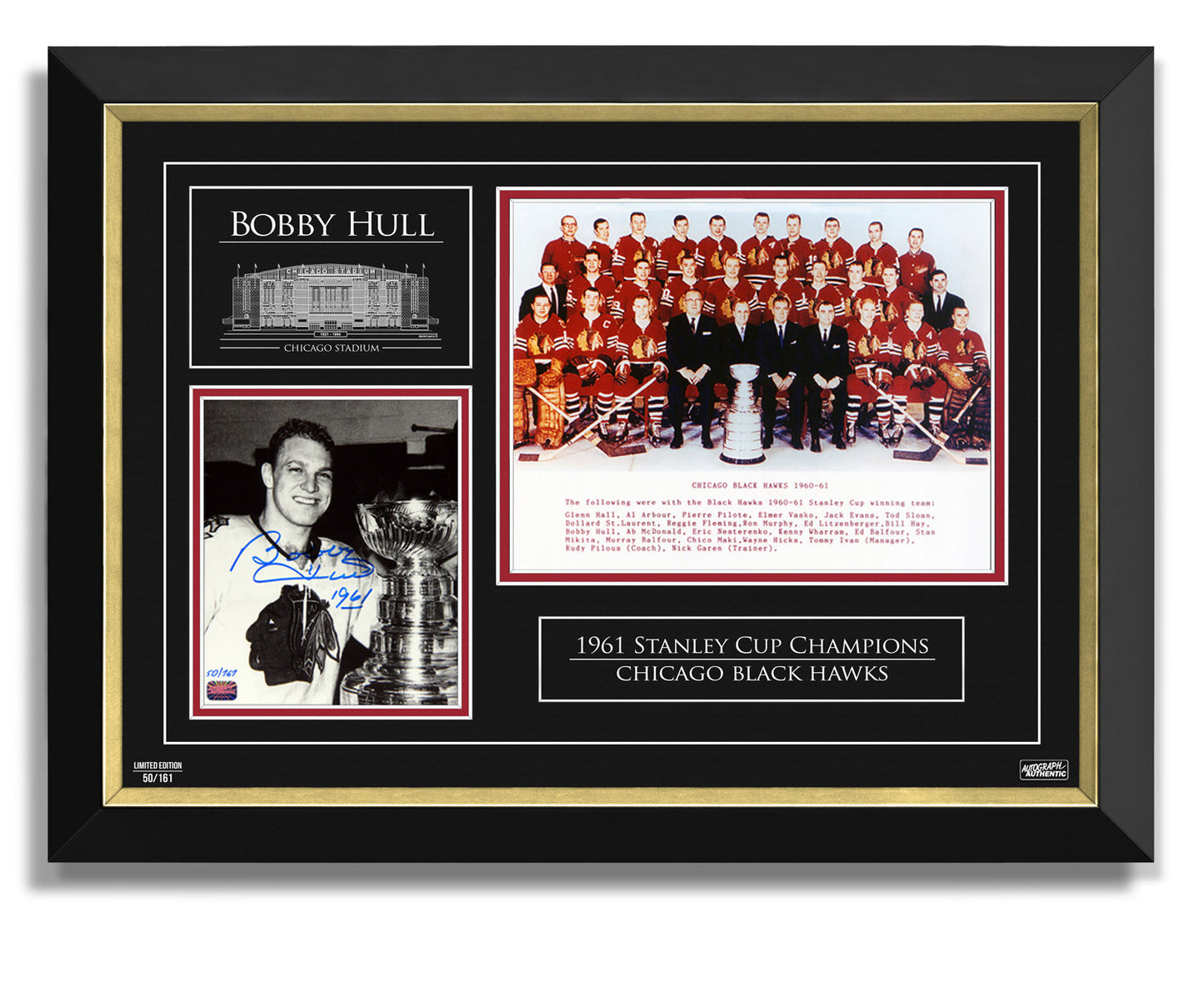 BOBBY HULL AUTOGRAPHED 1961 STANLEY CUP DOUBLE PHOTO – CHICAGO BLACKHAWKS LIMITED EDITION OF 161 – NHL LEGENDS FRAMED COLLECTIBLE (27" BY 18")