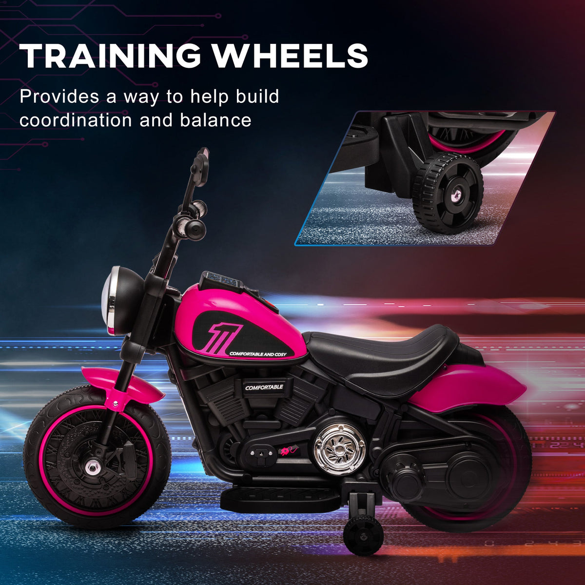 6V Kids Motorcycle with Training Wheels, Foot Pedal, Headlight, Music, Forward/Reverse, Single-Button Start, Blue
