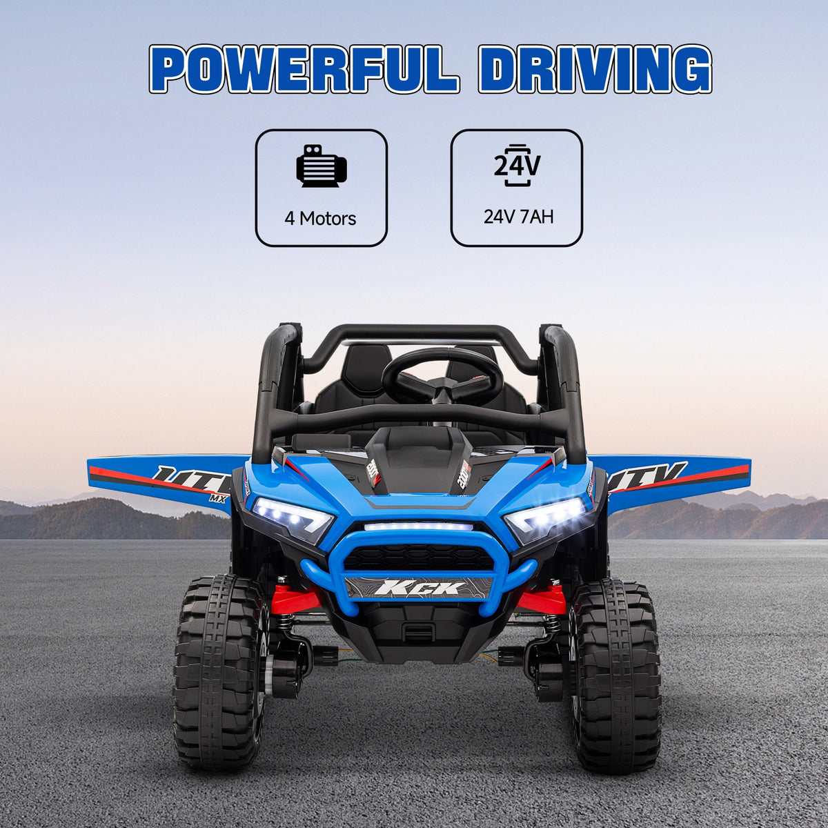 2 Seater 24V 7AH Ride on Truck, Electric Car for Kids w/ Spring Suspension, Remote Lights, Horn, Music, Blue