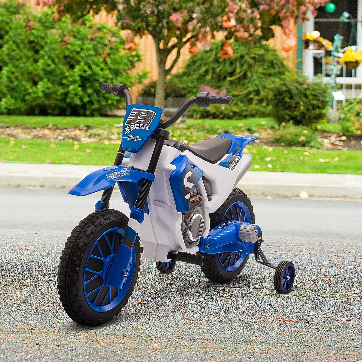 Kids Dirt Bike 12V Battery-Powered Ride-On Electric Motorcycle with Charging Battery, Training Wheels Blue