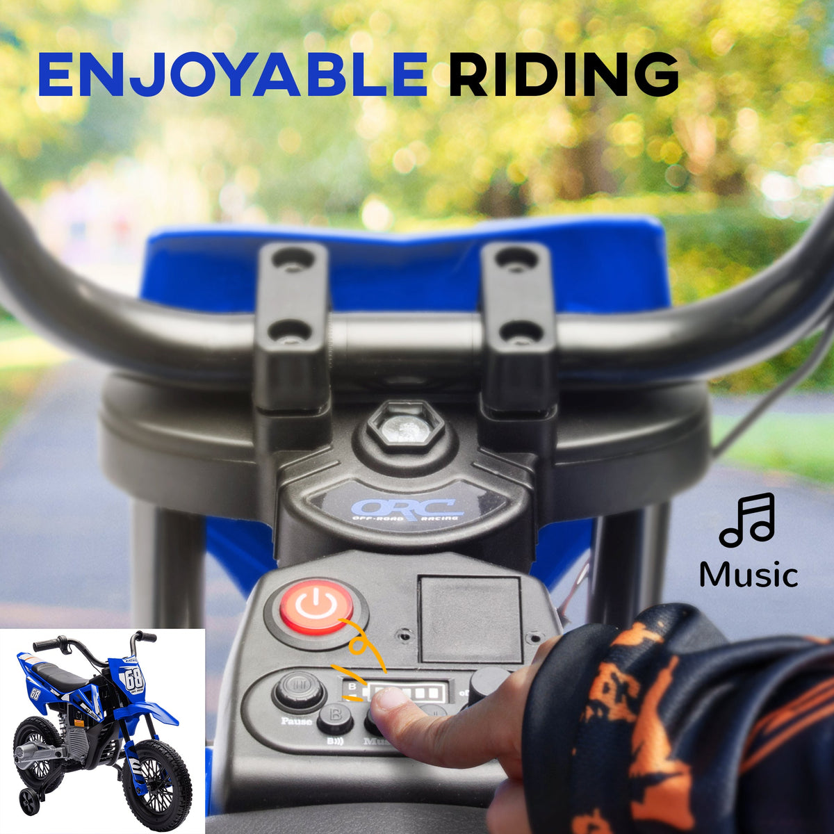 12V Kids Dirt Bike, Electric Motorcycle with Twist Grip Throttle, Training Wheels, Rear Suspension & Music, Blue