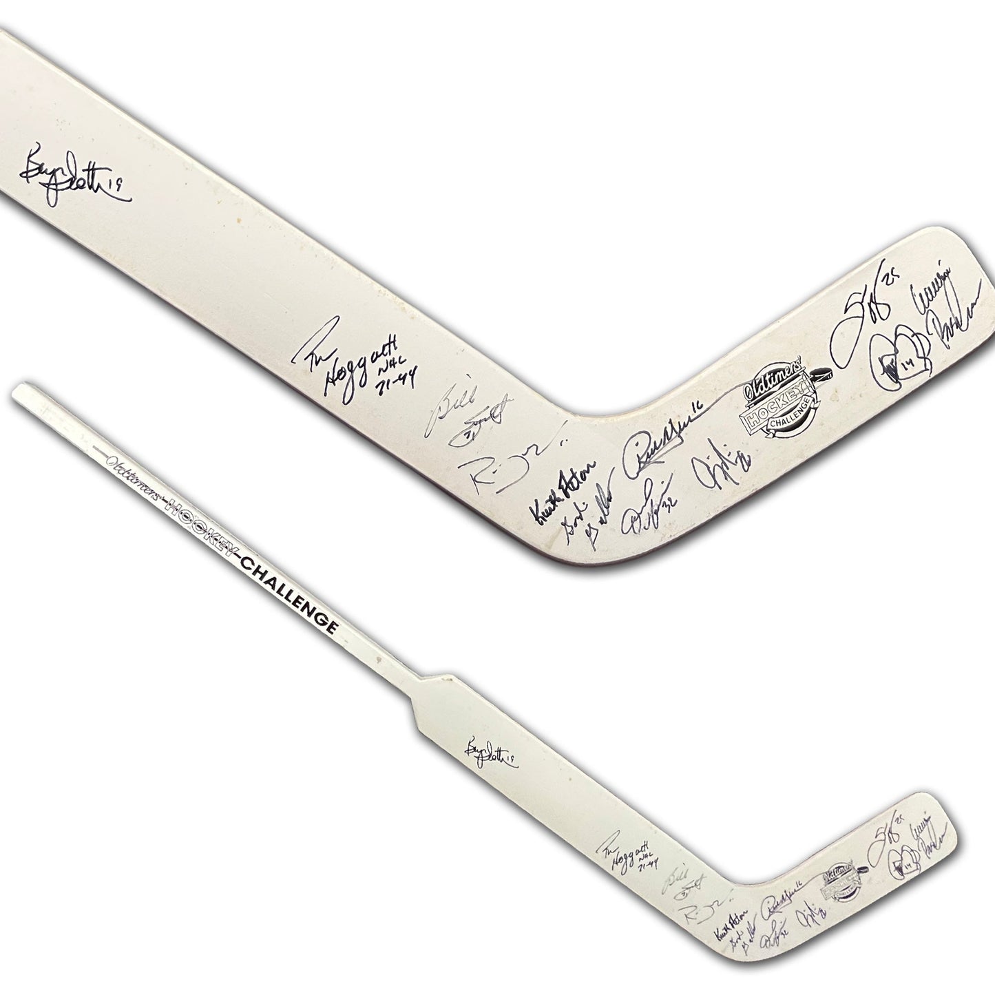 OLDTIMERS HOCKEY CHALLENGE FULL SIZE GOALIE STICK – AUTOGRAPHED NHL MEMORABILIA FEATURING 13 SIGNATURES INCLUDING BILLY SMITH, BRYAN TROTTIER, THEOREN FLEURY & MORE – CERTIFICATE OF AUTHENTICITY INCLUDED